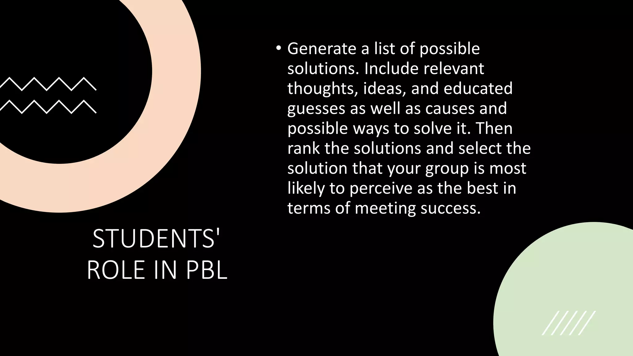 STUDENTS'
ROLE IN PBL
• Generate a list of possible
solutions. Include relevant
thoughts, ideas, and educated
guesses as well as causes and
possible ways to solve it. Then
rank the solutions and select the
solution that your group is most
likely to perceive as the best in
terms of meeting success.
 