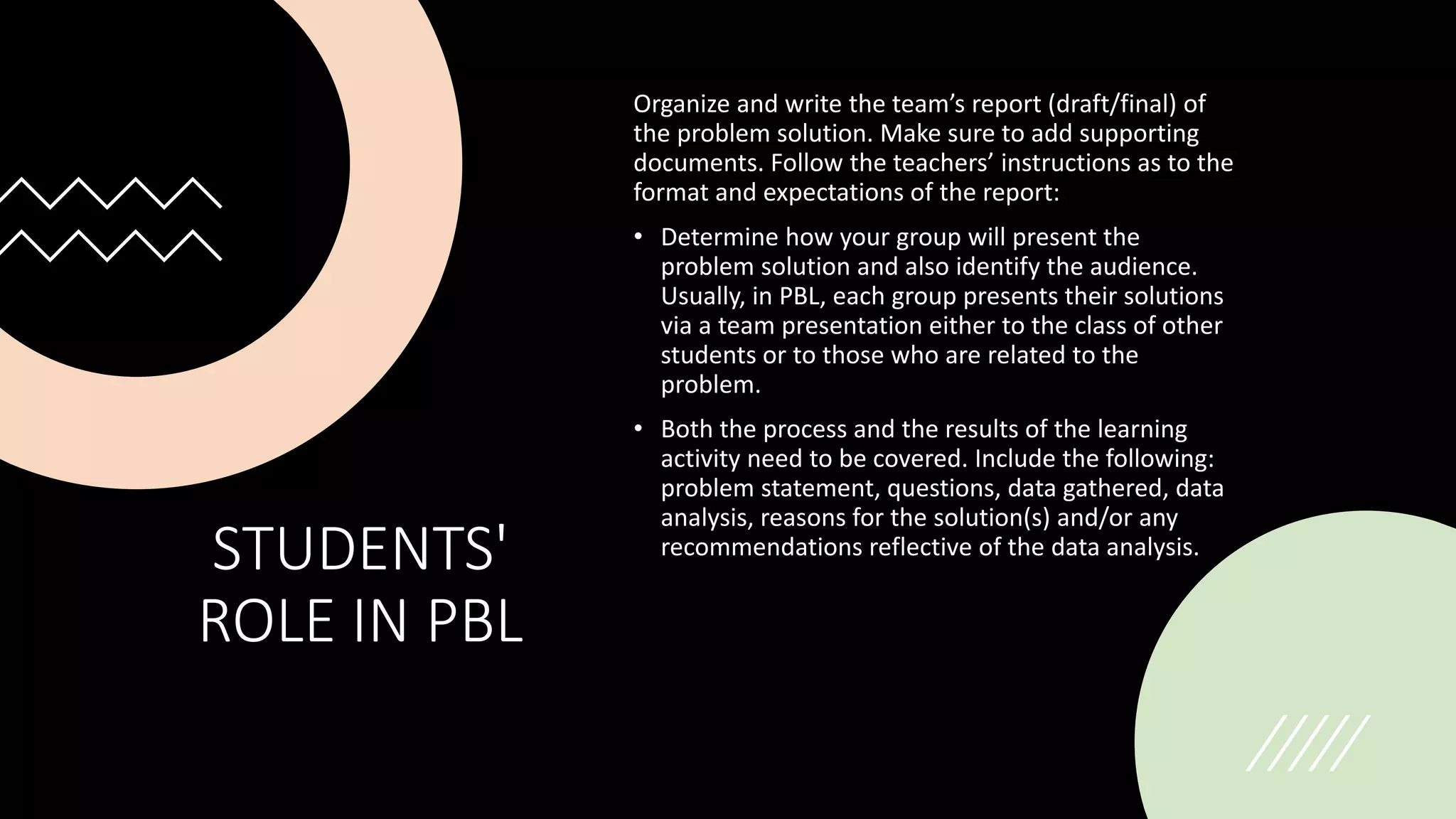 STUDENTS'
ROLE IN PBL
Organize and write the team’s report (draft/final) of
the problem solution. Make sure to add supporting
documents. Follow the teachers’ instructions as to the
format and expectations of the report:
• Determine how your group will present the
problem solution and also identify the audience.
Usually, in PBL, each group presents their solutions
via a team presentation either to the class of other
students or to those who are related to the
problem.
• Both the process and the results of the learning
activity need to be covered. Include the following:
problem statement, questions, data gathered, data
analysis, reasons for the solution(s) and/or any
recommendations reflective of the data analysis.
 