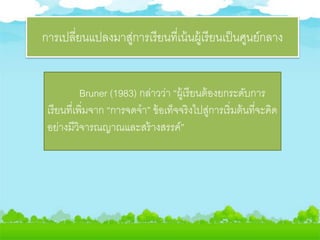 การเปลี่ยนแปลงมาสู่การเรียนที่เน้นผู้เรียนเป็นศูนย์กลาง
Bruner (1983) กล่าวว่า “ผู้เรียนต้องยกระดับการ
เรียนที่เพิ่มจาก “การจดจา” ข้อเท็จจริงไปสู่การเริ่มต้นที่จะคิด
อย่างมีวิจารณญาณและสร้างสรรค์”
 