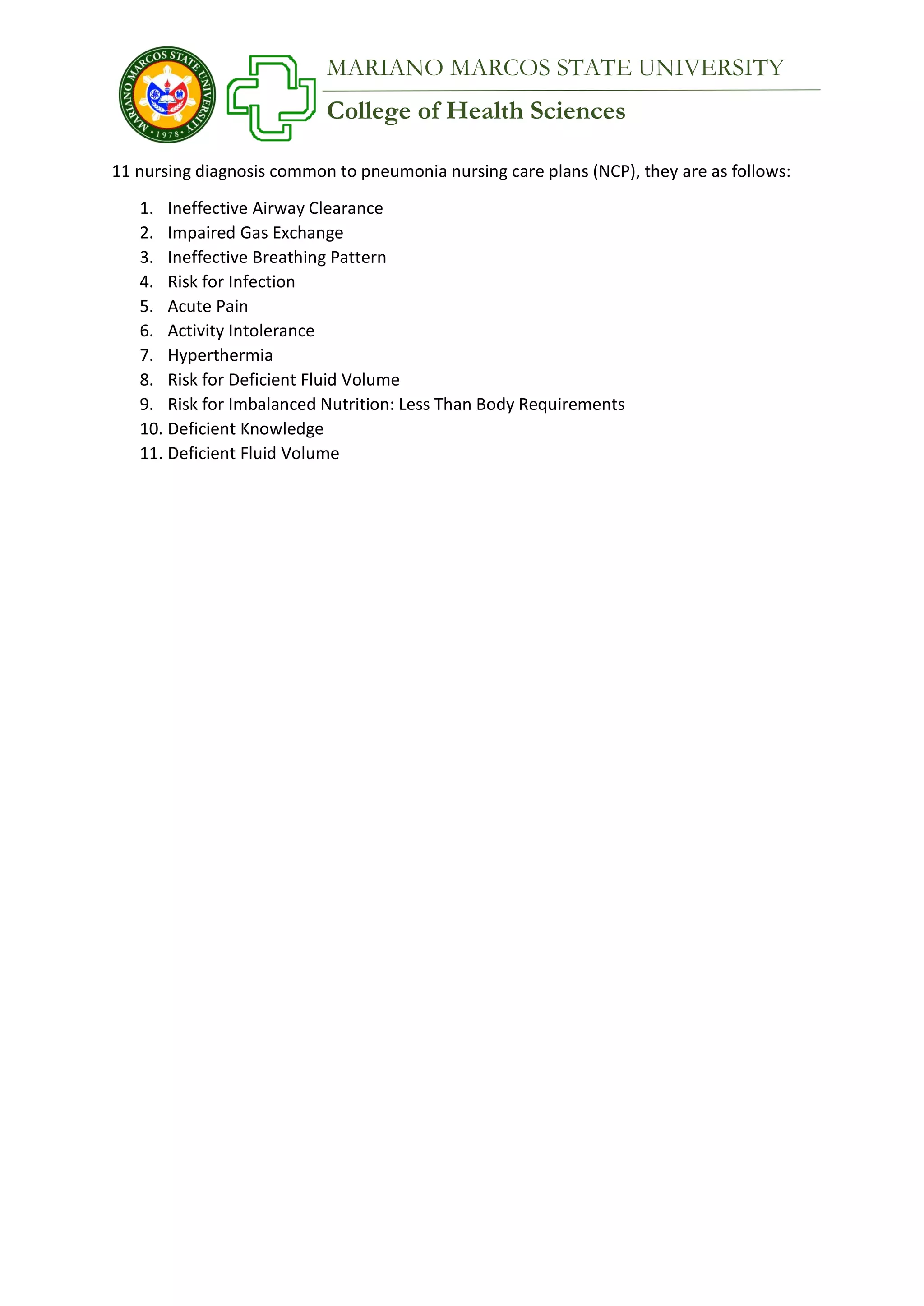 College of Health Sciences
MARIANO MARCOS STATE UNIVERSITY
11 nursing diagnosis common to pneumonia nursing care plans (NCP), they are as follows:
1. Ineffective Airway Clearance
2. Impaired Gas Exchange
3. Ineffective Breathing Pattern
4. Risk for Infection
5. Acute Pain
6. Activity Intolerance
7. Hyperthermia
8. Risk for Deficient Fluid Volume
9. Risk for Imbalanced Nutrition: Less Than Body Requirements
10. Deficient Knowledge
11. Deficient Fluid Volume
 