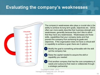 Evaluating the company’s weaknesses


                                The company’s weaknesses also plays a crucial role in the
                                ability to achieve its long term goals, objectives etc. CEOs
                                often can more easily describe their business strength and
       EVALUATION
                                weaknesses, generally because they don’t like to admit
               10%
                                that they have any weaknesses. Weaknesses are those
                9%              skills, capabilities that your company lacks and that
                8%              prevent the company from achieving its goals and
                                objectives. If the organization does not have a critical skill
                7%
                                or capability to achieve a goal, there are 3 options
                6%

                5%               1   Modify the goal to something achievable with the skill
                                     set the company has
                4%

                3%               2   Raise the capital needed to acquire the skill or
                                     capability you needed
                2%

                1%               3   Find another company that has the core competency it
                                     needs and outsource that need or collaborate through
                                     a strategic partnership
                          Copyright © 2008 - 2012
                     managementstudyguide.com. All rights
                                 reserved.                                                       18
 