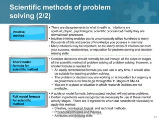 Scientific methods of problem
solving (2/2)
                     • There are disagreements to what it really is. Intuitions are
Intuitive              spiritual, physic, psychological, scientific process but mostly they are
method                 normal brain processes
                     • Intuitive thinking enables you to unconsciously utilize hundreds to many
                       thousands of bits and pieces of knowledge you possess in memory
                     • Many intuitions may be important, so too many errors of intuition can hurt
                       your success, relationships, or reputation for problem solving and decision
                       making skills
                     • Complex decisions should normally be put through all the steps or stages
Short model            of the scientific method of problem solving of problem solving. However, a
formula for            shorter formula is needed for
scientific method      − An easily remembered formula you can use at any time. It should also
                          be suitable for teaching problem solving.
                       − The problem or decision you are working on is important but urgency is
                          so great there is no time to go through the 11 stages of SM-14.
                       − You are in a place or situation in which research facilities are not
                          available.
                     • A guide or model formula, being subject neutral, will not solve problems.
Full model formula   • Certain ingredients were recognized as necessary to use at these mental
for scientific         activity stages. There are 3 ingredients which are considered necessary to
method                 apply this method
                       − Creative, non-logical, logical and technical methods
                                   Copyright © 2008 - 2012
                       − Procedural principles and theories
                            managementstudyguide.com. All rights
                       − Attributes and reserved. skills
                                          thinking                                                23
 