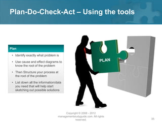 Plan-Do-Check-Act – Using the tools



Plan

 • Identify exactly what problem is

 • Use cause and effect diagrams to
   know the root of the problem

 • Then Structure your process at
   the root of the problem

 • List down all the information/data
   you need that will help start
   sketching out possible solutions




                                       Copyright © 2008 - 2012
                                  managementstudyguide.com. All rights
                                              reserved.                  35
 