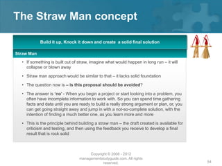 The Straw Man concept

            Build it up, Knock it down and create a solid final solution

Straw Man
  • If something is built out of straw, imagine what would happen in long run – it will
    collapse or blown away

  • Straw man approach would be similar to that – it lacks solid foundation

  • The question now is – is this proposal should be avoided?

  • The answer is ‘no’ - When you begin a project or start looking into a problem, you
    often have incomplete information to work with. So you can spend time gathering
    facts and data until you are ready to build a really strong argument or plan, or, you
    can get going straight away and jump in with a not-so-complete solution, with the
    intention of finding a much better one, as you learn more and more

  • This is the principle behind building a straw man – the draft created is available for
    criticism and testing, and then using the feedback you receive to develop a final
    result that is rock solid



                                      Copyright © 2008 - 2012
                                 managementstudyguide.com. All rights
                                             reserved.                                       54
 