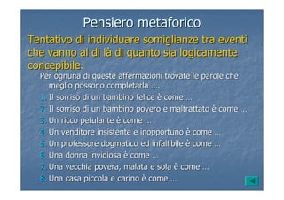 Pensiero metaforicoPensiero metaforico
Tentativo di individuare somiglianze tra eventiTentativo di individuare somiglianze tra eventi
che vanno al di lche vanno al di làà di quanto sia logicamentedi quanto sia logicamente
concepibile.concepibile.
Per ognuna di queste affermazioni trovate le parole chePer ognuna di queste affermazioni trovate le parole che
meglio possono completarlameglio possono completarla ……..
1.1. Il sorriso di un bambino feliceIl sorriso di un bambino felice èè comecome ……
2.2. Il sorriso di un bambino povero e maltrattatoIl sorriso di un bambino povero e maltrattato èè comecome ……..
3.3. Un ricco petulanteUn ricco petulante èè comecome ……
4.4. Un venditore insistente e inopportunoUn venditore insistente e inopportuno èè comecome ……
5.5. Un professore dogmatico ed infallibileUn professore dogmatico ed infallibile èè comecome ……
6.6. Una donna invidiosaUna donna invidiosa èè comecome ……
7.7. Una vecchia povera, malata e solaUna vecchia povera, malata e sola èè comecome ……
8.8. Una casa piccola e carinoUna casa piccola e carino èè comecome ……
 