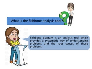 What is the fishbone analysis tool?
Fishbone diagram is an analysis tool which
provides a systematic way of understanding
problems and the root causes of those
problems.
 