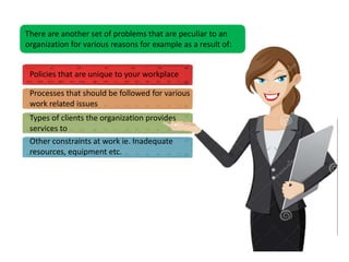 Policies that are unique to your workplace
There are another set of problems that are peculiar to an
organization for various reasons for example as a result of:
Processes that should be followed for various
work related issues
Types of clients the organization provides
services to
Other constraints at work ie. Inadequate
resources, equipment etc.
 
