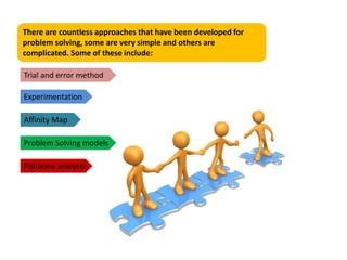 There are countless approaches that have been developed for
problem solving, some are very simple and others are
complicated. Some of these include:
Trial and error method
Experimentation
Affinity Map
Problem Solving models
Fishbone analysis
 