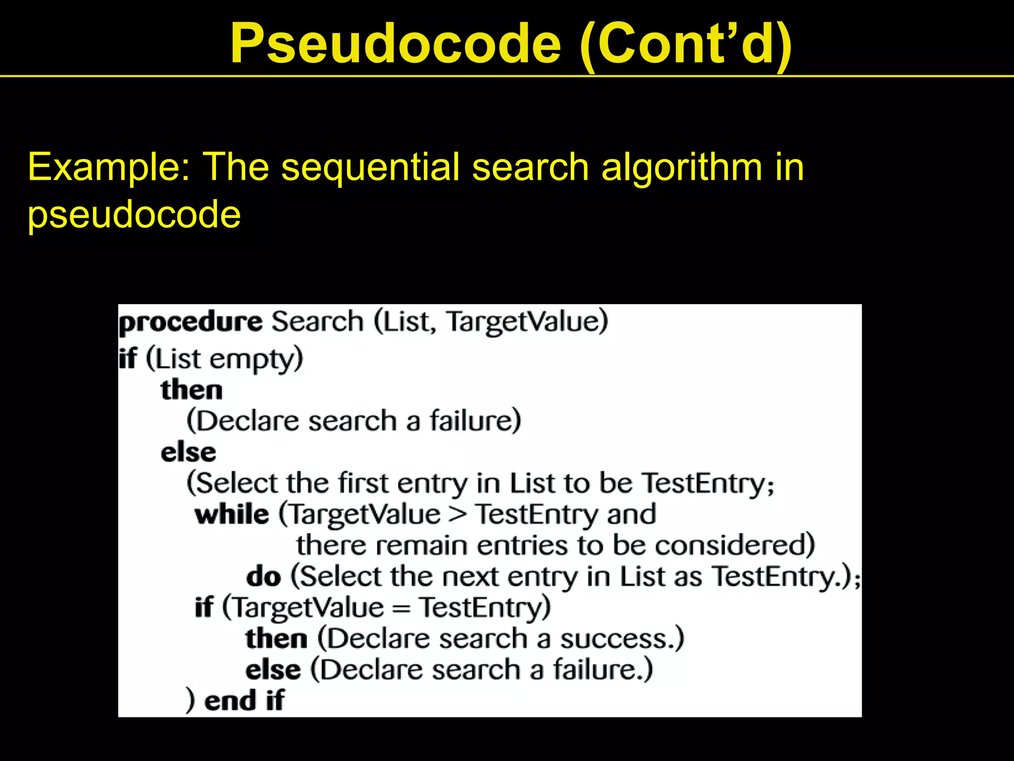 Example: The sequential search algorithm in
pseudocode
Pseudocode (Cont’d)
 