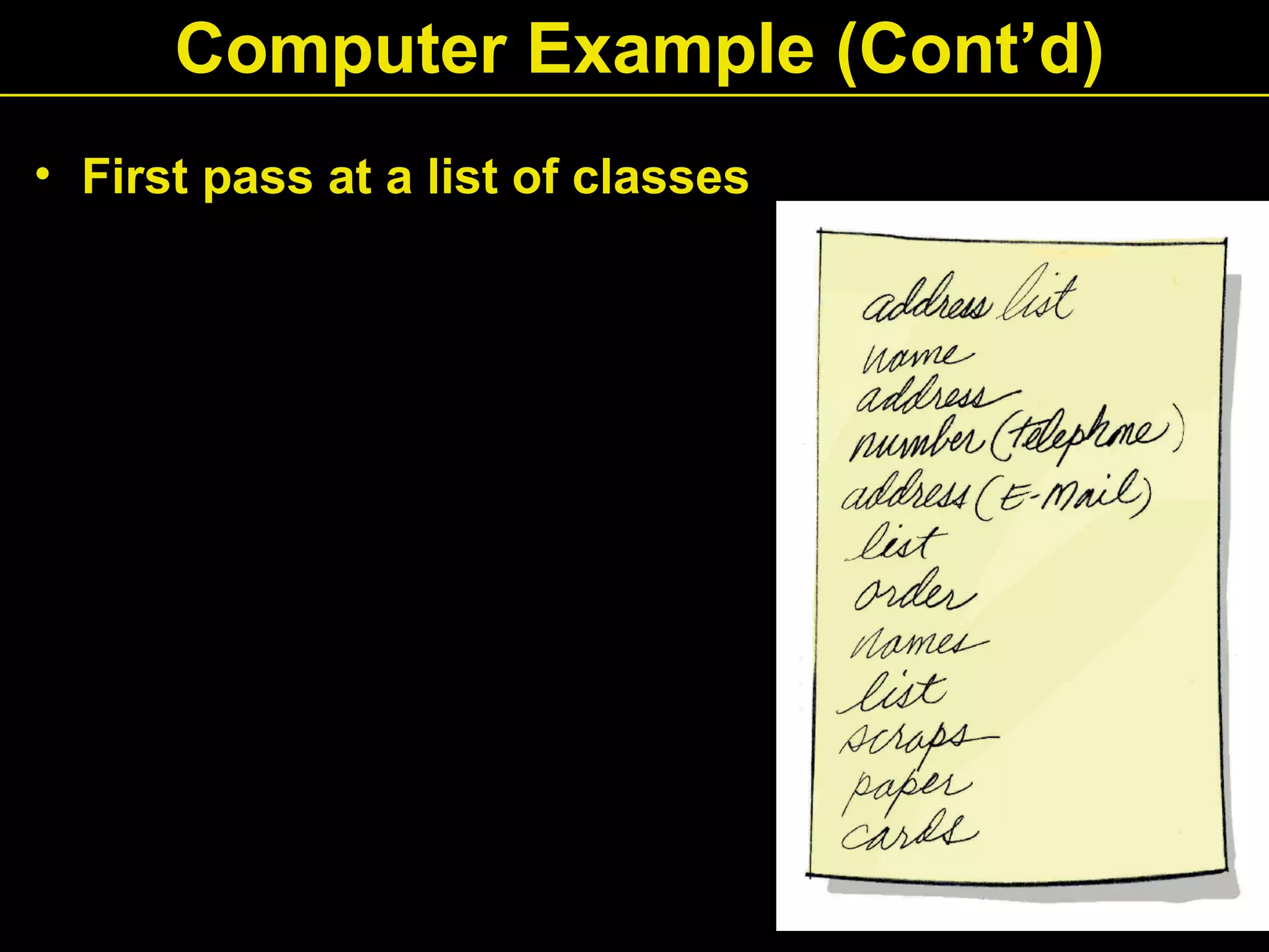 • First pass at a list of classes
Computer Example (Cont’d)
 