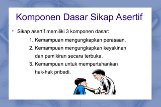 Komponen Dasar Sikap Asertif

Sikap asertif memiliki 3 komponen dasar:
1. Kemampuan mengungkapkan perasaan.
2. Kemampuan mengungkapkan keyakinan
dan pemikiran secara terbuka.
3. Kemampuan untuk mempertahankan
hak-hak pribadi.
 