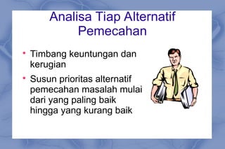 Analisa Tiap Alternatif
Pemecahan

Timbang keuntungan dan
kerugian

Susun prioritas alternatif
pemecahan masalah mulai
dari yang paling baik
hingga yang kurang baik
 