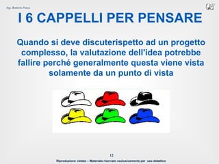 Riproduzione vietata – Materiale riservato esclusivamente per uso didattico
12
Ing. Roberto Pozza
I 6 CAPPELLI PER PENSARE
Quando si deve discuterispetto ad un progetto
complesso, la valutazione dell'idea potrebbe
fallire perché generalmente questa viene vista
solamente da un punto di vista
 