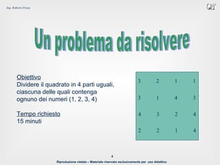 Riproduzione vietata – Materiale riservato esclusivamente per uso didattico
4
Ing. Roberto Pozza
Obiettivo
Dividere il quadrato in 4 parti uguali,
ciascuna delle quali contenga
ognuno dei numeri (1, 2, 3, 4)
Tempo richiesto
15 minuti
3 2 1 1
3 1 4 3
4 3 2 4
2 2 1 4
 
