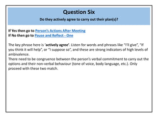 Question Six
Do they actively agree to carry out their plan(s)?
If Yes then go to Person’s Actions After Meeting
If No then go to Pause and Reflect - One
The key phrase here is ‘actively agree’. Listen for words and phrases like “I’ll give”, “If
you think it will help”, or “I suppose so”, and these are strong indicators of high levels of
ambivalence.
There need to be congruence between the person’s verbal commitment to carry out the
options and their non-verbal behaviour (tone of voice, body language, etc.). Only
proceed with these two match.
 