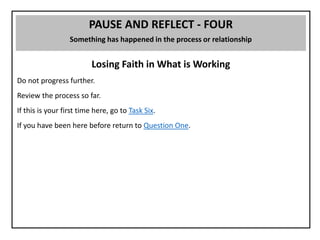 PAUSE AND REFLECT - FOUR
Something has happened in the process or relationship
Losing Faith in What is Working
Do not progress further.
Review the process so far.
If this is your first time here, go to Task Six.
If you have been here before return to Question One.
 