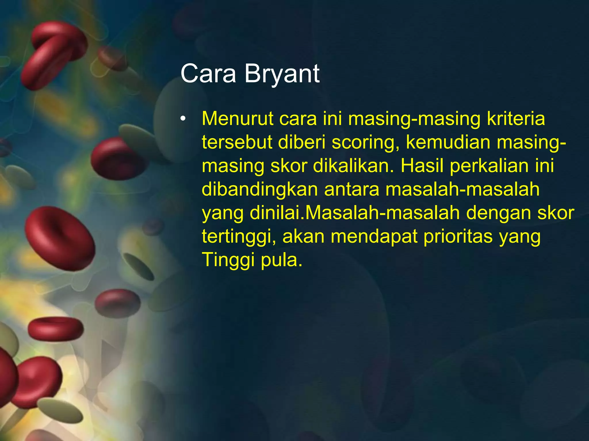 Cara Bryant
• Menurut cara ini masing-masing kriteria
tersebut diberi scoring, kemudian masing-
masing skor dikalikan. Hasil perkalian ini
dibandingkan antara masalah-masalah
yang dinilai.Masalah-masalah dengan skor
tertinggi, akan mendapat prioritas yang
Tinggi pula.
 