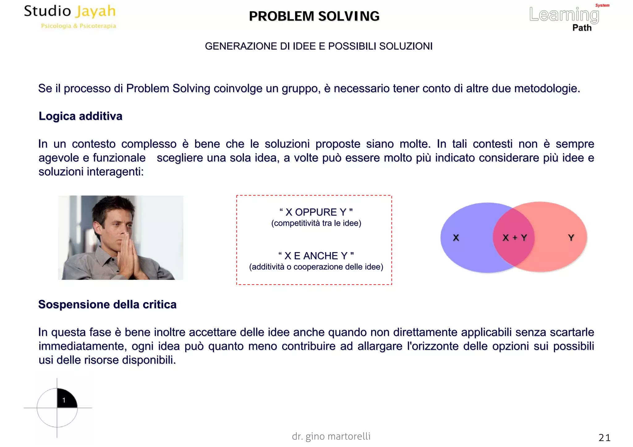 dr. gino martorelli 21www.jayah.net
PROBLEM SOLVINGPROBLEM SOLVING
GENERAZIONE DI IDEE E POSSIBILI SOLUZIONIGENERAZIONE DI IDEE E POSSIBILI SOLUZIONI
1
Se il processo diSe il processo di ProblemProblem SolvingSolving coinvolge uncoinvolge un gruppogruppo,, è necessarioè necessario tener conto di altre due metodologie.tener conto di altre due metodologie.
Logica additivaLogica additiva
In un contesto complesso è bene che le soluzioni proposte sianoIn un contesto complesso è bene che le soluzioni proposte siano molte. In tali contesti non è sempremolte. In tali contesti non è sempre
agevole e funzionale scegliere una sola idea, a volte può esseagevole e funzionale scegliere una sola idea, a volte può essere molto più indicato considerare più idee ere molto più indicato considerare più idee e
soluzioni interagenti:soluzioni interagenti:
““ X OPPURE Y "X OPPURE Y "
(competitività tra le idee)(competitività tra le idee)
“ X E ANCHE Y "“ X E ANCHE Y "
((additivitàadditività o cooperazione delle idee)o cooperazione delle idee)
SospensioneSospensione della criticadella critica
In questa fase è bene inoltre accettare delle idee anche quandoIn questa fase è bene inoltre accettare delle idee anche quando non direttamente applicabili senza scartarlenon direttamente applicabili senza scartarle
immediatamente, ogni idea può quanto meno contribuire ad allargaimmediatamente, ogni idea può quanto meno contribuire ad allargare l'orizzonte delle opzioni sui possibilire l'orizzonte delle opzioni sui possibili
usi delle risorse disponibili.usi delle risorse disponibili.
 
