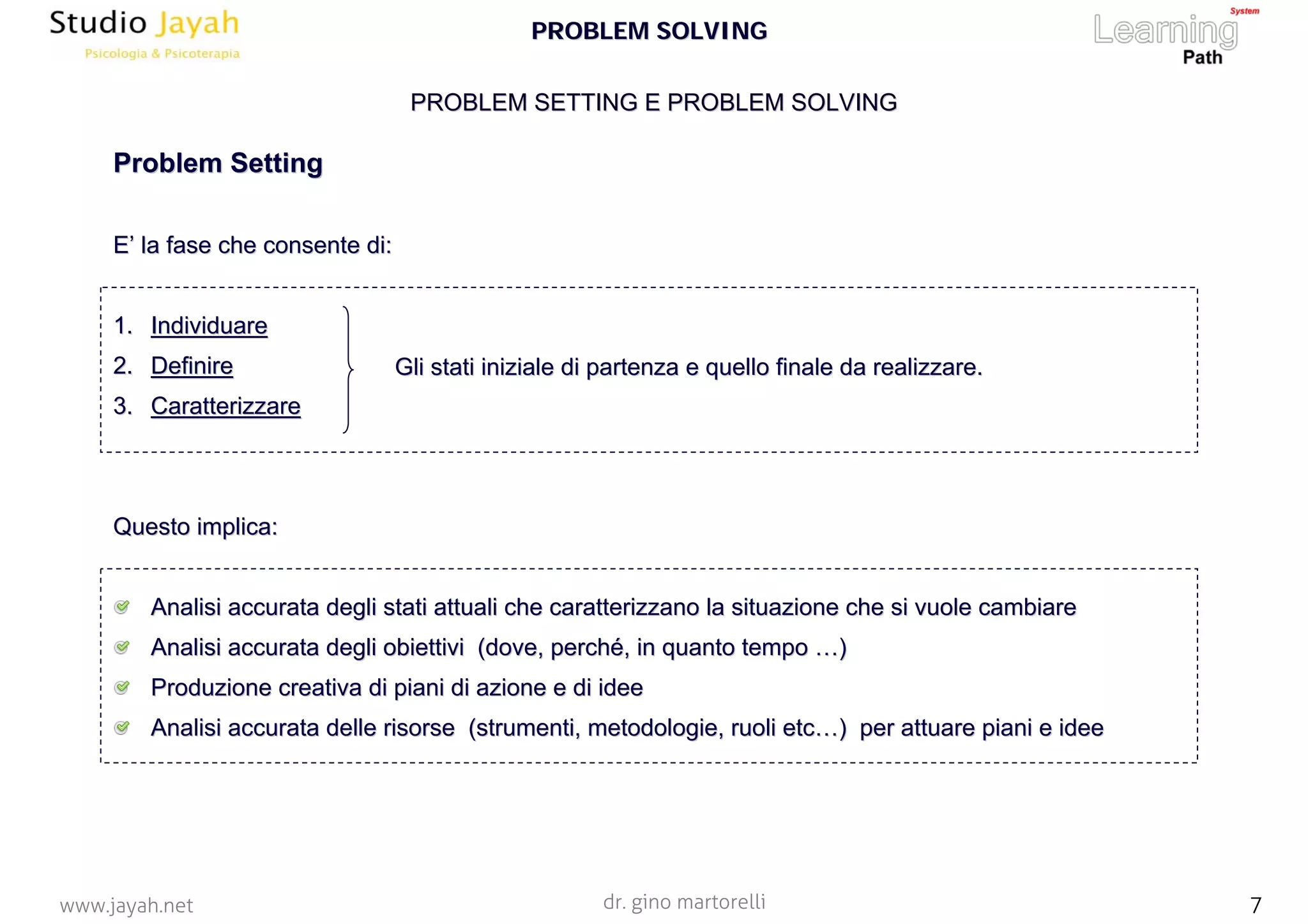 dr. gino martorelli 7www.jayah.net
PROBLEM SETTING E PROBLEM SOLVINGPROBLEM SETTING E PROBLEM SOLVING
ProblemProblem SettingSetting
EE’’ la fase che consente di:la fase che consente di:
1.1. IndividuareIndividuare
2.2. DefinireDefinire
3.3. CaratterizzareCaratterizzare
Questo implica:Questo implica:
Analisi accurata degli stati attuali che caratterizzano la situaAnalisi accurata degli stati attuali che caratterizzano la situazione che si vuole cambiarezione che si vuole cambiare
Analisi accurata degli obiettivi (dove, perchAnalisi accurata degli obiettivi (dove, perchéé, in quanto tempo, in quanto tempo ……))
Produzione creativa di piani di azione e di ideeProduzione creativa di piani di azione e di idee
Analisi accurata delle risorse (strumenti, metodologie, ruoliAnalisi accurata delle risorse (strumenti, metodologie, ruoli etcetc……) per attuare piani e idee) per attuare piani e idee
Gli stati iniziale di partenza e quello finale da realizzare.Gli stati iniziale di partenza e quello finale da realizzare.
PROBLEM SOLVINGPROBLEM SOLVING
 