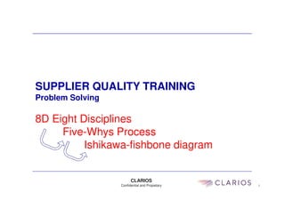 CLARIOS
Confidential and Propietary
SUPPLIER QUALITY TRAINING
Problem Solving
8D Eight Disciplines
Five-Whys Process
Ishikawa-fishbone diagram
 