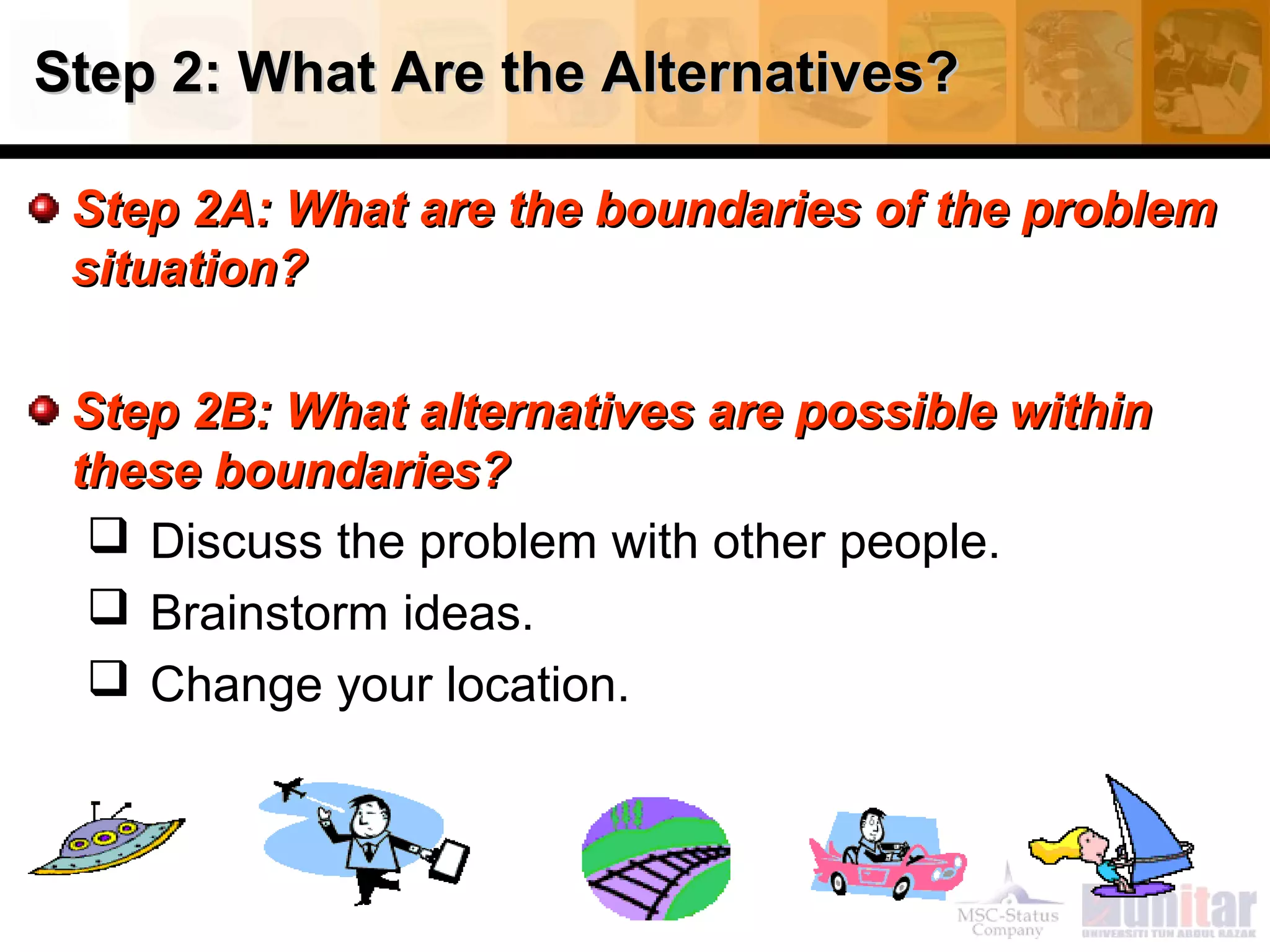 Step 2: What Are the Alternatives?Step 2: What Are the Alternatives?
Step 2A: What are the boundaries of the problemStep 2A: What are the boundaries of the problem
situation?situation?
Step 2B: What alternatives are possible withinStep 2B: What alternatives are possible within
these boundaries?these boundaries?
 Discuss the problem with other people.
 Brainstorm ideas.
 Change your location.
 