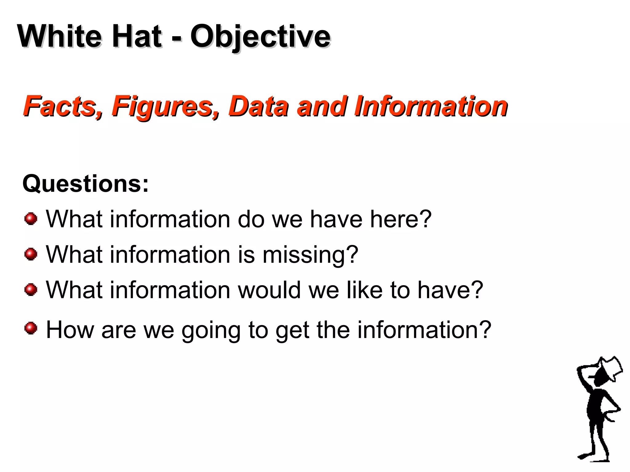 White Hat - ObjectiveWhite Hat - Objective
Facts, Figures, Data and InformationFacts, Figures, Data and Information
Questions:
What information do we have here?
What information is missing?
What information would we like to have?
How are we going to get the information?
 