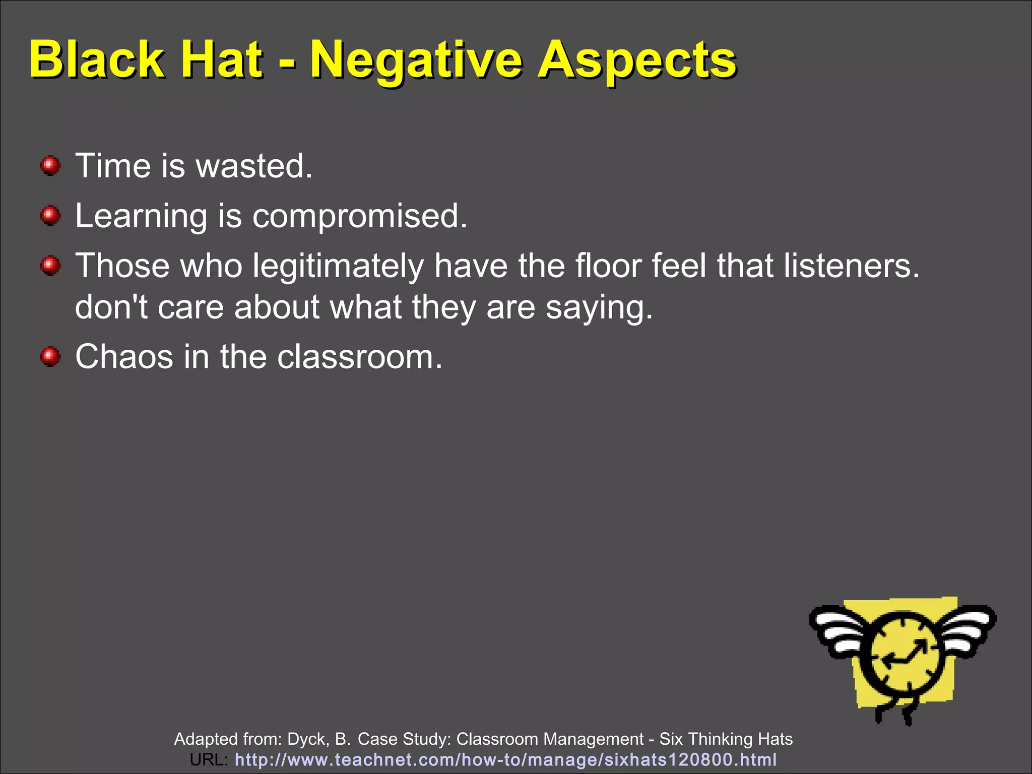 Black Hat -Black Hat - Negative AspectsNegative Aspects
Time is wasted.
Learning is compromised.
Those who legitimately have the floor feel that listeners.
don't care about what they are saying.
Chaos in the classroom.
Adapted from: Dyck, B. Case Study: Classroom Management - Six Thinking Hats
URL: http://www.teachnet.com/how-to/manage/sixhats120800.html
 
