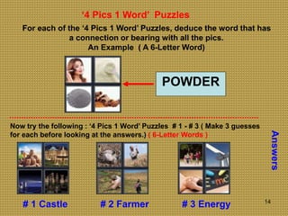 14
‘4 Pics 1 Word’ Puzzles
For each of the ‘4 Pics 1 Word’ Puzzles, deduce the word that has
a connection or bearing with ...
