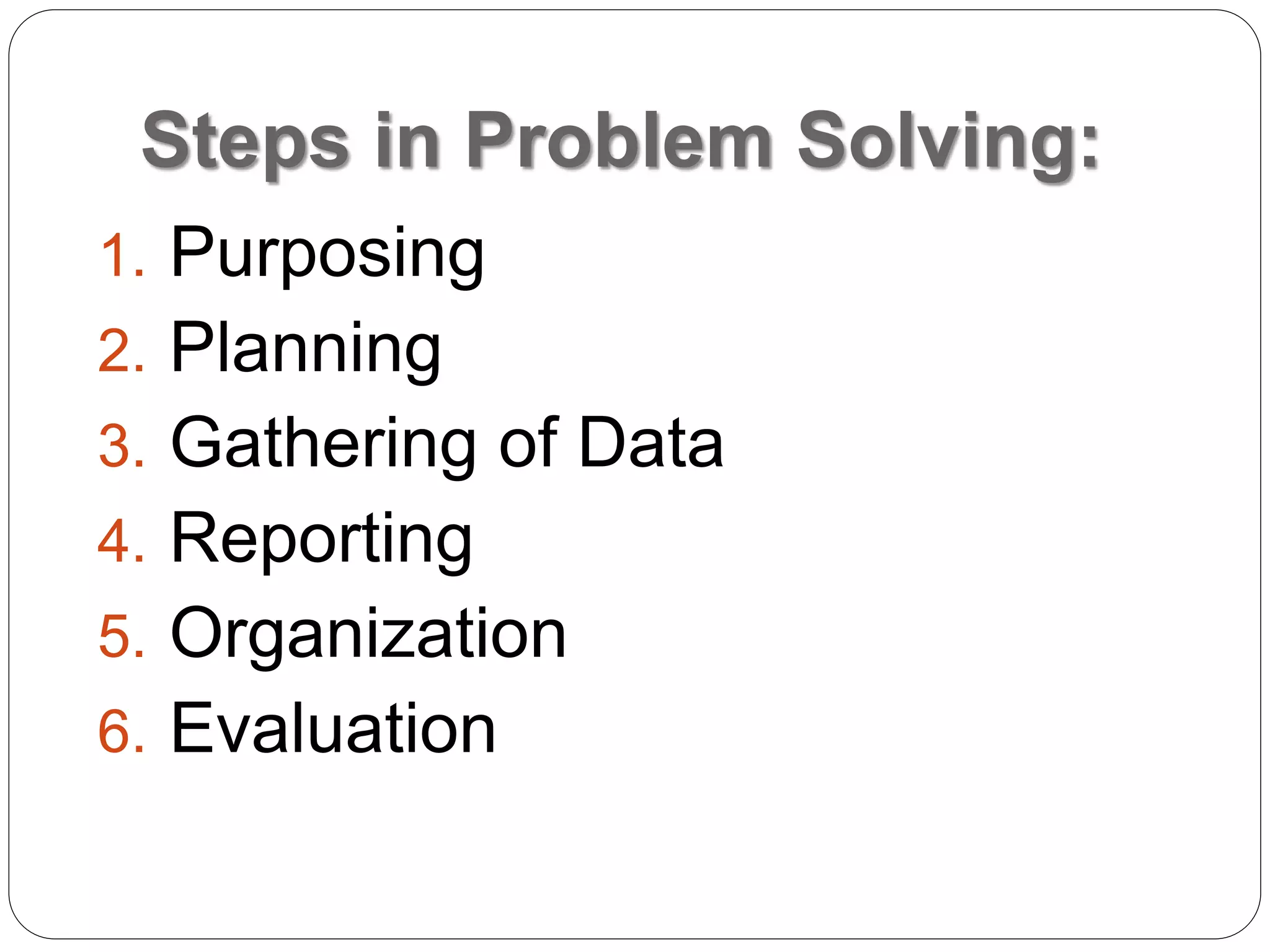 Steps in Problem Solving:
1. Purposing
2. Planning
3. Gathering of Data
4. Reporting
5. Organization
6. Evaluation
 