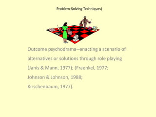 Problem-Solving Techniques)Outcome psychodrama--enacting a scenario of alternatives or solutions through role playing (Janis & Mann, 1977); (Fraenkel, 1977; Johnson & Johnson, 1988; Kirschenbaum, 1977).