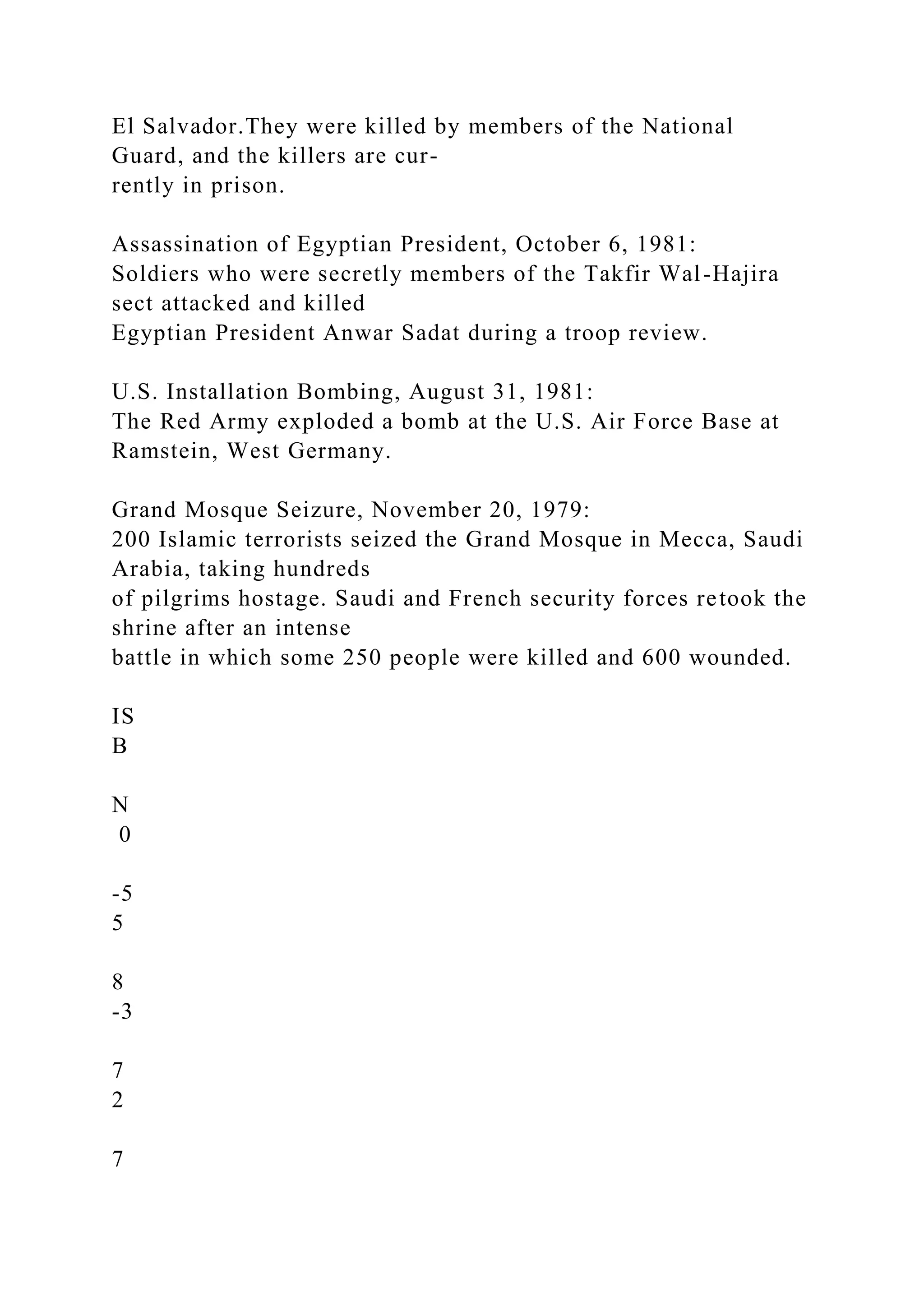 El Salvador.They were killed by members of the National
Guard, and the killers are cur-
rently in prison.
Assassination of Egyptian President, October 6, 1981:
Soldiers who were secretly members of the Takfir Wal-Hajira
sect attacked and killed
Egyptian President Anwar Sadat during a troop review.
U.S. Installation Bombing, August 31, 1981:
The Red Army exploded a bomb at the U.S. Air Force Base at
Ramstein, West Germany.
Grand Mosque Seizure, November 20, 1979:
200 Islamic terrorists seized the Grand Mosque in Mecca, Saudi
Arabia, taking hundreds
of pilgrims hostage. Saudi and French security forces retook the
shrine after an intense
battle in which some 250 people were killed and 600 wounded.
IS
B
N
0
-5
5
8
-3
7
2
7
 