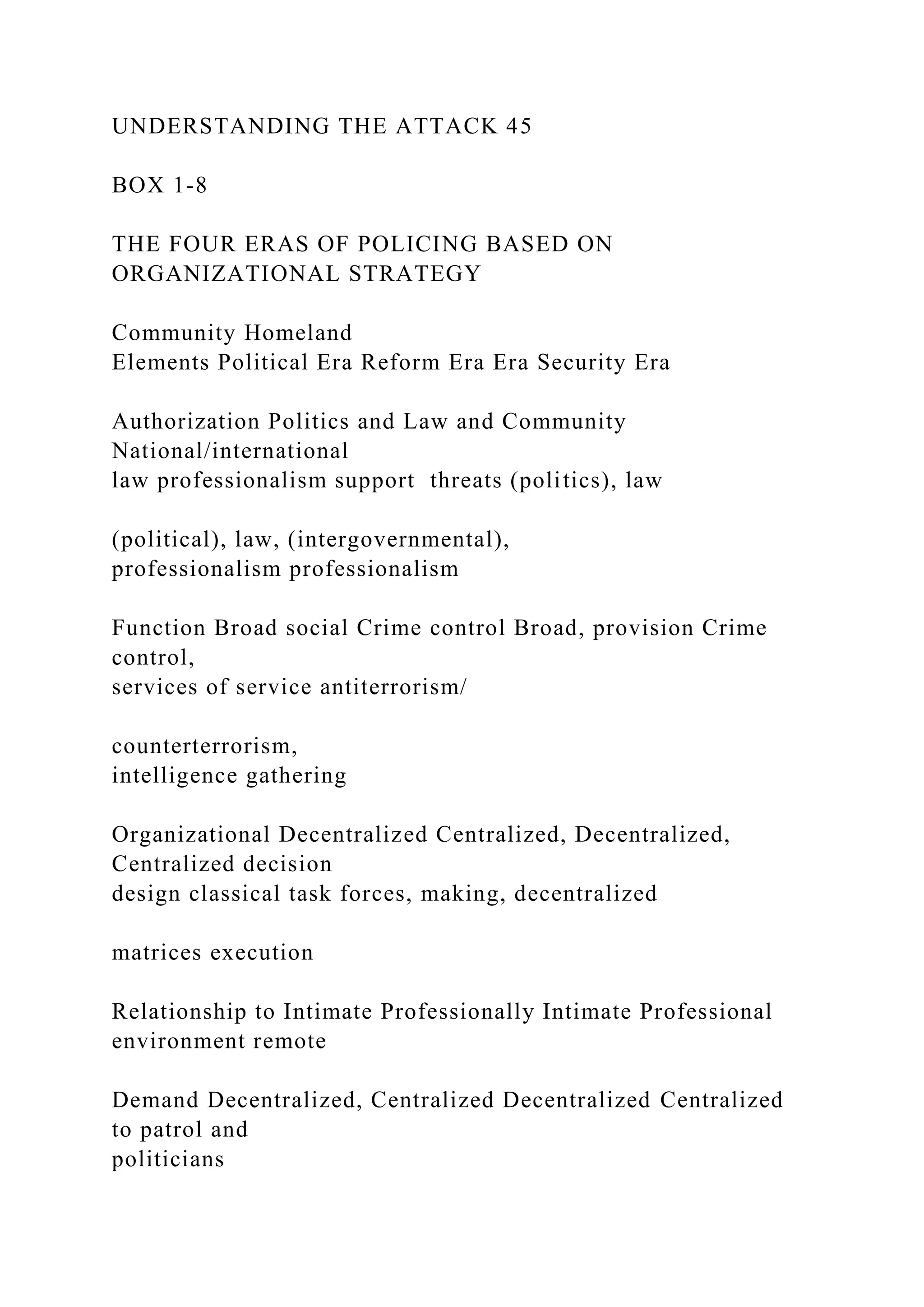 UNDERSTANDING THE ATTACK 45
BOX 1-8
THE FOUR ERAS OF POLICING BASED ON
ORGANIZATIONAL STRATEGY
Community Homeland
Elements Political Era Reform Era Era Security Era
Authorization Politics and Law and Community
National/international
law professionalism support threats (politics), law
(political), law, (intergovernmental),
professionalism professionalism
Function Broad social Crime control Broad, provision Crime
control,
services of service antiterrorism/
counterterrorism,
intelligence gathering
Organizational Decentralized Centralized, Decentralized,
Centralized decision
design classical task forces, making, decentralized
matrices execution
Relationship to Intimate Professionally Intimate Professional
environment remote
Demand Decentralized, Centralized Decentralized Centralized
to patrol and
politicians
 