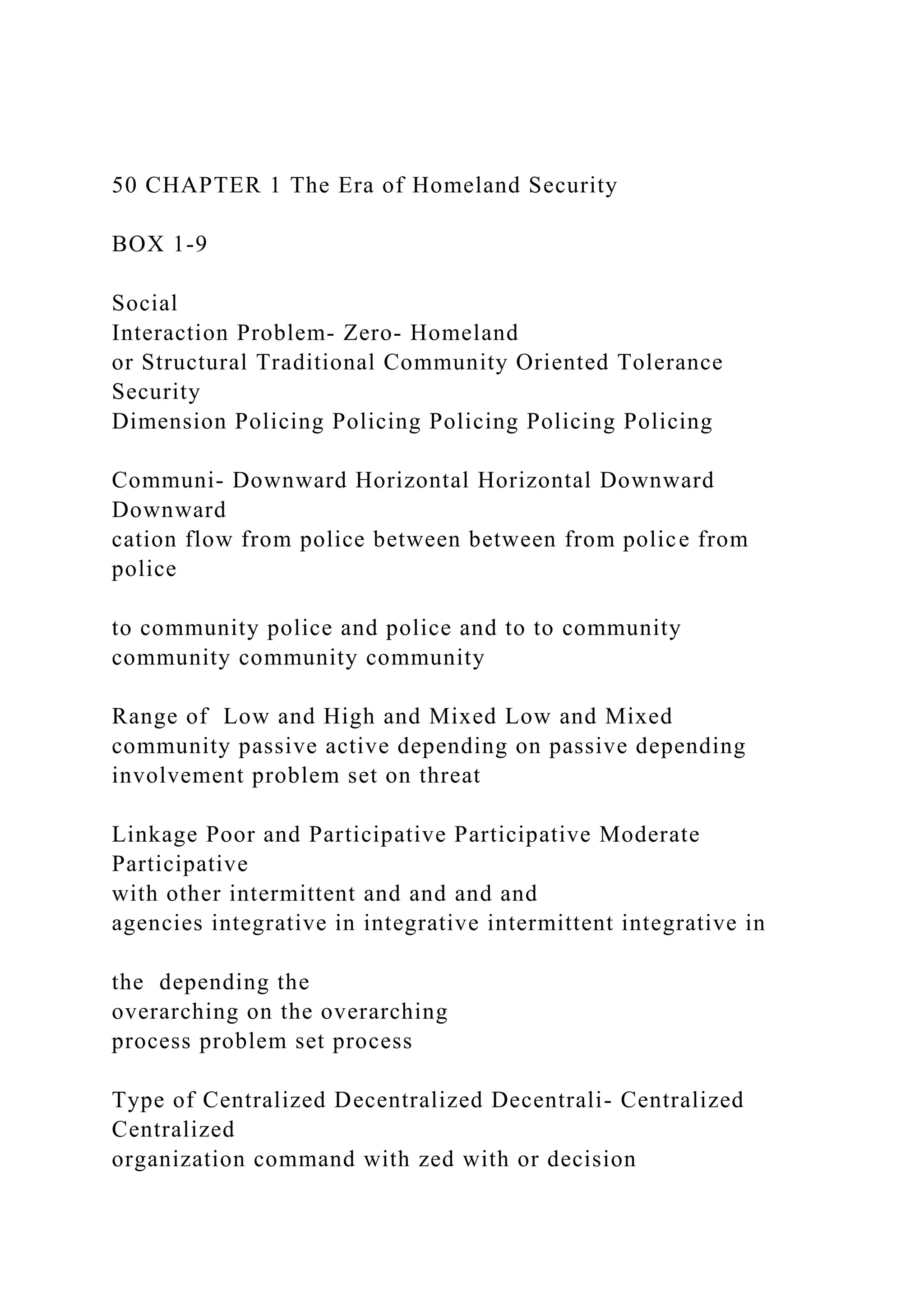 50 CHAPTER 1 The Era of Homeland Security
BOX 1-9
Social
Interaction Problem- Zero- Homeland
or Structural Traditional Community Oriented Tolerance
Security
Dimension Policing Policing Policing Policing Policing
Communi- Downward Horizontal Horizontal Downward
Downward
cation flow from police between between from police from
police
to community police and police and to to community
community community community
Range of Low and High and Mixed Low and Mixed
community passive active depending on passive depending
involvement problem set on threat
Linkage Poor and Participative Participative Moderate
Participative
with other intermittent and and and and
agencies integrative in integrative intermittent integrative in
the depending the
overarching on the overarching
process problem set process
Type of Centralized Decentralized Decentrali- Centralized
Centralized
organization command with zed with or decision
 