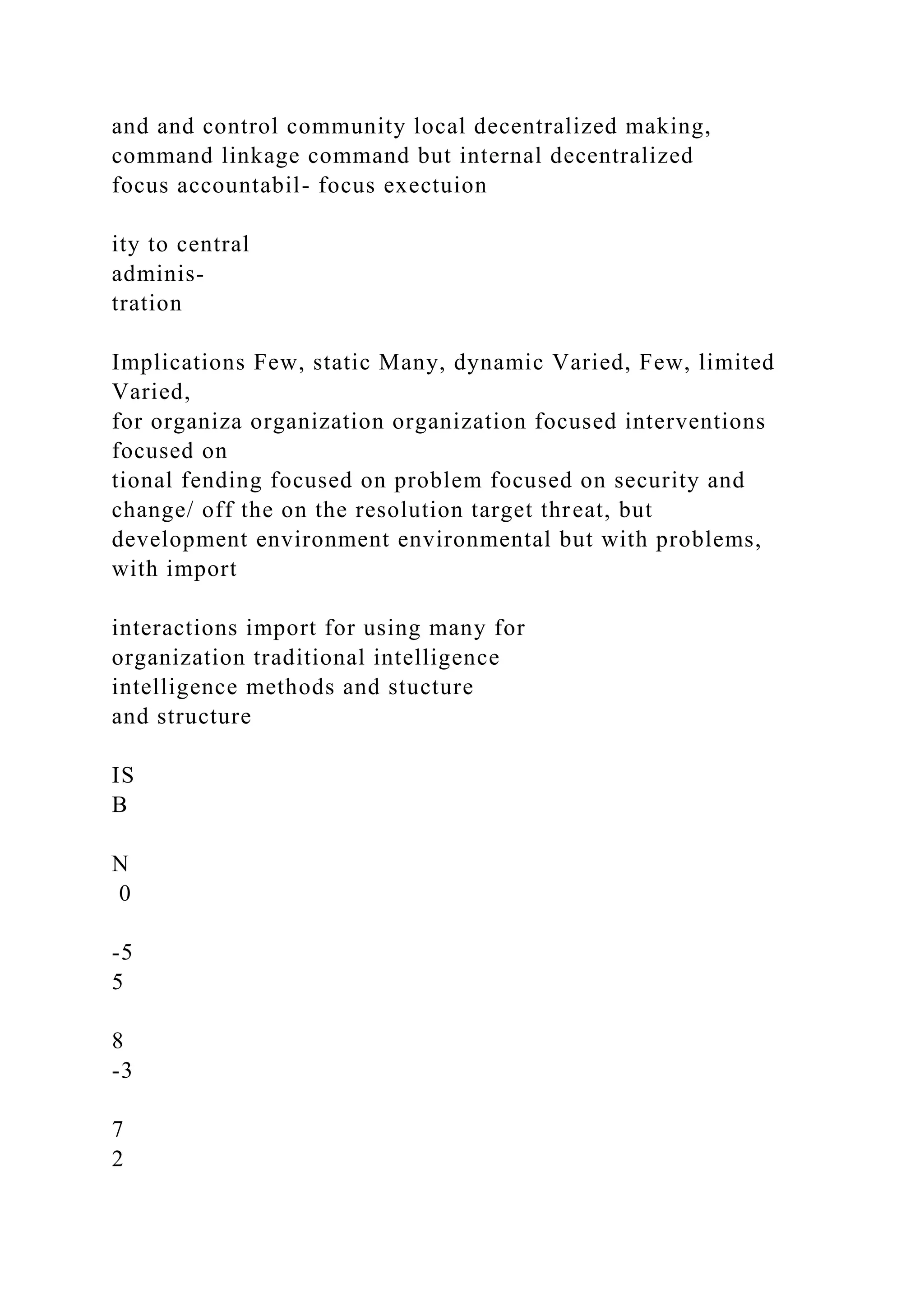 and and control community local decentralized making,
command linkage command but internal decentralized
focus accountabil- focus exectuion
ity to central
adminis-
tration
Implications Few, static Many, dynamic Varied, Few, limited
Varied,
for organiza organization organization focused interventions
focused on
tional fending focused on problem focused on security and
change/ off the on the resolution target threat, but
development environment environmental but with problems,
with import
interactions import for using many for
organization traditional intelligence
intelligence methods and stucture
and structure
IS
B
N
0
-5
5
8
-3
7
2
 