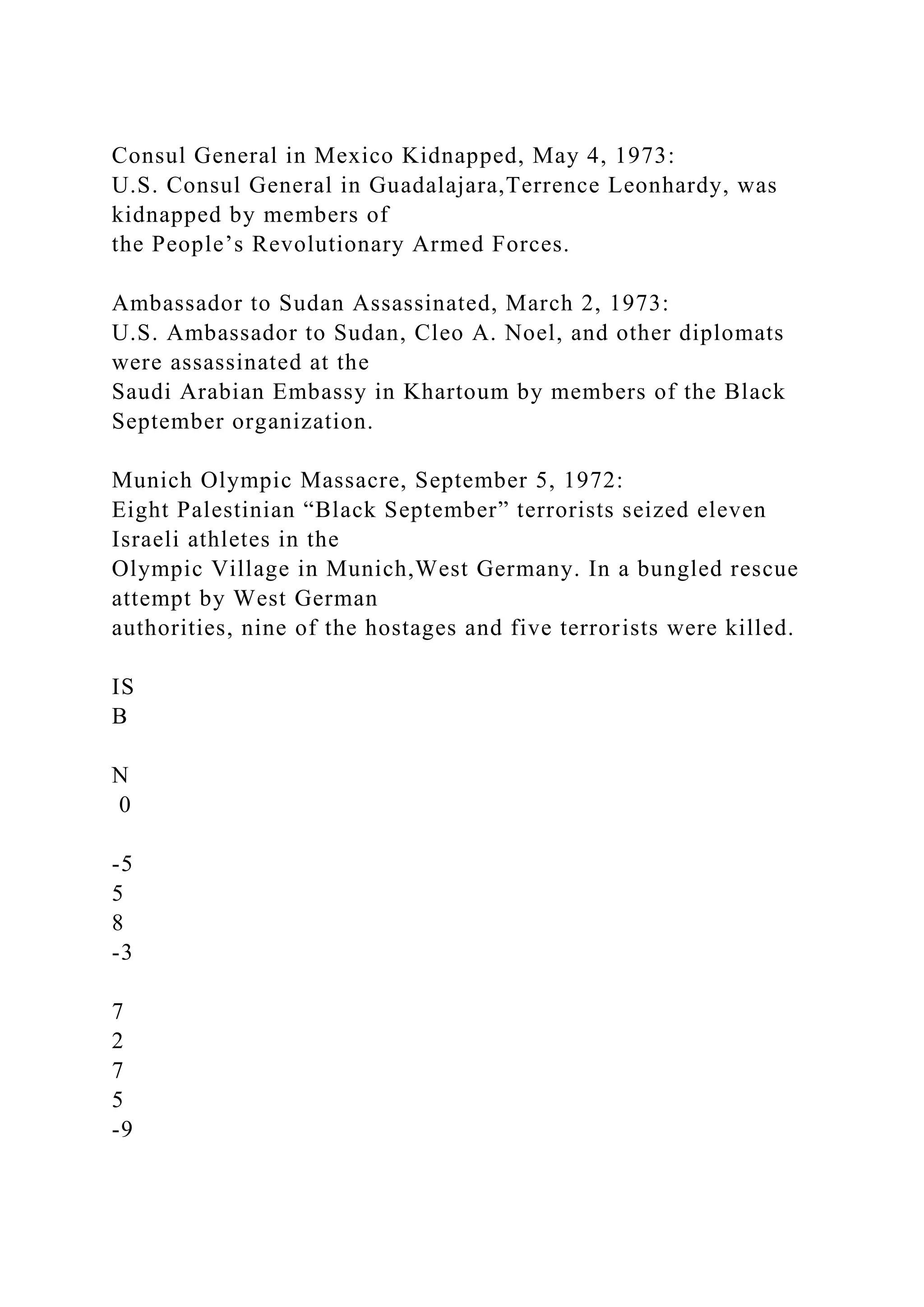 Consul General in Mexico Kidnapped, May 4, 1973:
U.S. Consul General in Guadalajara,Terrence Leonhardy, was
kidnapped by members of
the People’s Revolutionary Armed Forces.
Ambassador to Sudan Assassinated, March 2, 1973:
U.S. Ambassador to Sudan, Cleo A. Noel, and other diplomats
were assassinated at the
Saudi Arabian Embassy in Khartoum by members of the Black
September organization.
Munich Olympic Massacre, September 5, 1972:
Eight Palestinian “Black September” terrorists seized eleven
Israeli athletes in the
Olympic Village in Munich,West Germany. In a bungled rescue
attempt by West German
authorities, nine of the hostages and five terrorists were killed.
IS
B
N
0
-5
5
8
-3
7
2
7
5
-9
 