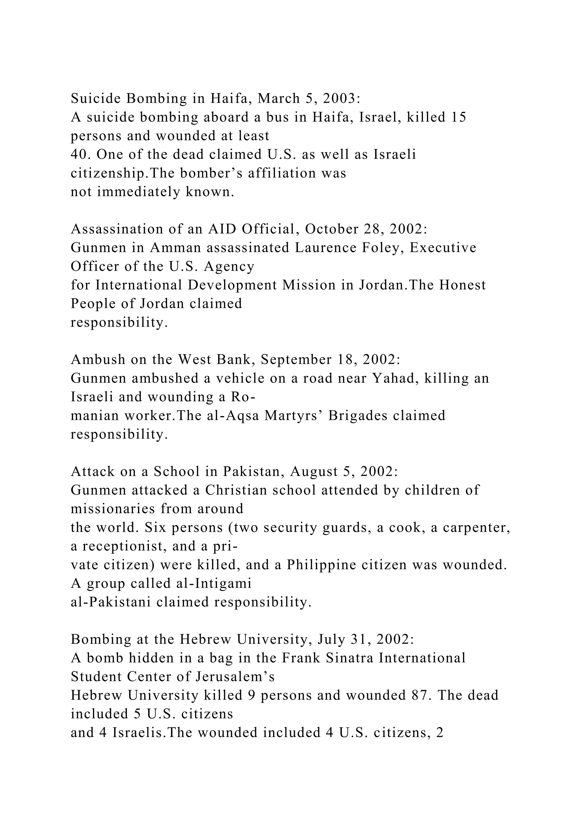 Suicide Bombing in Haifa, March 5, 2003:
A suicide bombing aboard a bus in Haifa, Israel, killed 15
persons and wounded at least
40. One of the dead claimed U.S. as well as Israeli
citizenship.The bomber’s affiliation was
not immediately known.
Assassination of an AID Official, October 28, 2002:
Gunmen in Amman assassinated Laurence Foley, Executive
Officer of the U.S. Agency
for International Development Mission in Jordan.The Honest
People of Jordan claimed
responsibility.
Ambush on the West Bank, September 18, 2002:
Gunmen ambushed a vehicle on a road near Yahad, killing an
Israeli and wounding a Ro-
manian worker.The al-Aqsa Martyrs’ Brigades claimed
responsibility.
Attack on a School in Pakistan, August 5, 2002:
Gunmen attacked a Christian school attended by children of
missionaries from around
the world. Six persons (two security guards, a cook, a carpenter,
a receptionist, and a pri-
vate citizen) were killed, and a Philippine citizen was wounded.
A group called al-Intigami
al-Pakistani claimed responsibility.
Bombing at the Hebrew University, July 31, 2002:
A bomb hidden in a bag in the Frank Sinatra International
Student Center of Jerusalem’s
Hebrew University killed 9 persons and wounded 87. The dead
included 5 U.S. citizens
and 4 Israelis.The wounded included 4 U.S. citizens, 2
 