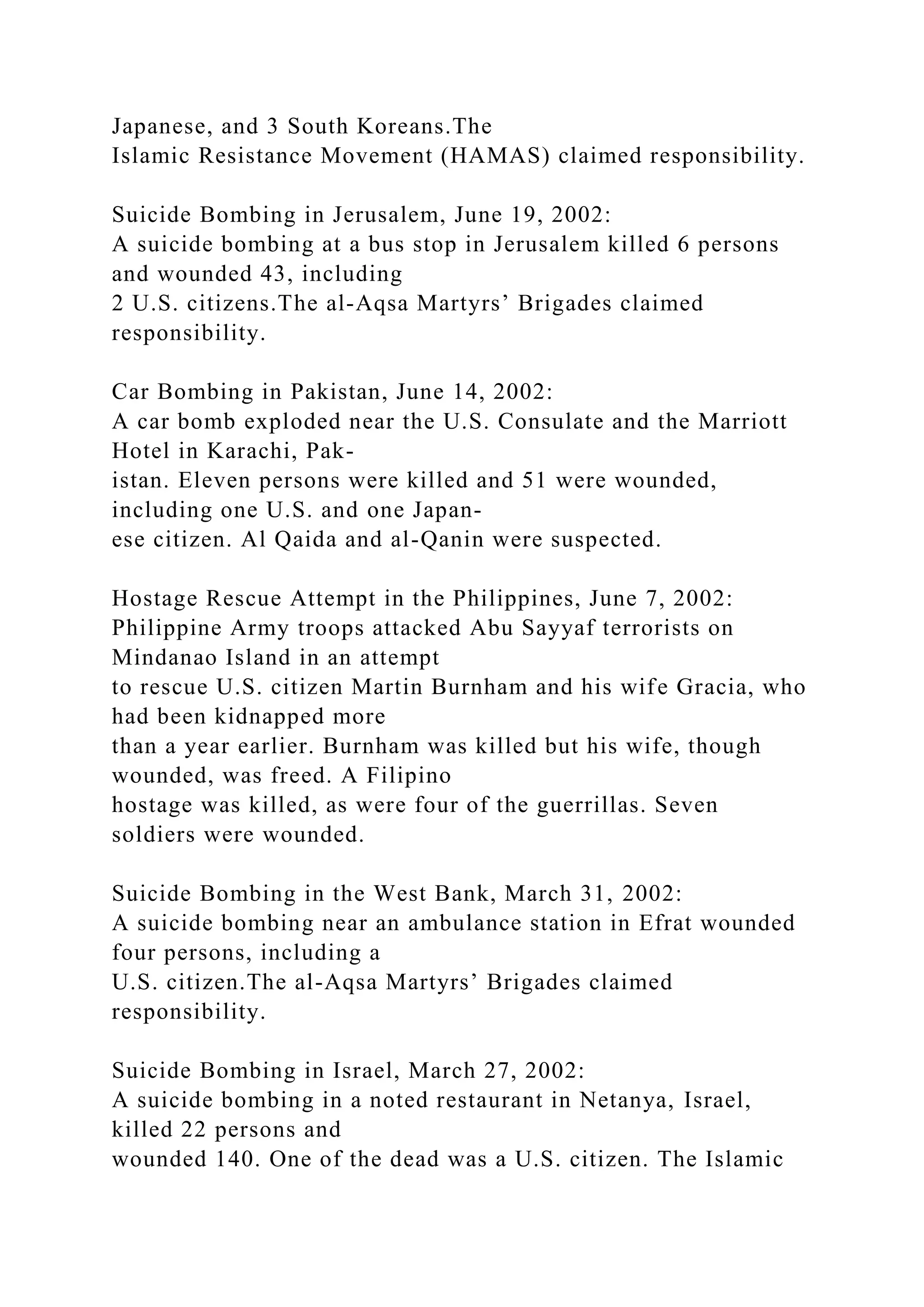 Japanese, and 3 South Koreans.The
Islamic Resistance Movement (HAMAS) claimed responsibility.
Suicide Bombing in Jerusalem, June 19, 2002:
A suicide bombing at a bus stop in Jerusalem killed 6 persons
and wounded 43, including
2 U.S. citizens.The al-Aqsa Martyrs’ Brigades claimed
responsibility.
Car Bombing in Pakistan, June 14, 2002:
A car bomb exploded near the U.S. Consulate and the Marriott
Hotel in Karachi, Pak-
istan. Eleven persons were killed and 51 were wounded,
including one U.S. and one Japan-
ese citizen. Al Qaida and al-Qanin were suspected.
Hostage Rescue Attempt in the Philippines, June 7, 2002:
Philippine Army troops attacked Abu Sayyaf terrorists on
Mindanao Island in an attempt
to rescue U.S. citizen Martin Burnham and his wife Gracia, who
had been kidnapped more
than a year earlier. Burnham was killed but his wife, though
wounded, was freed. A Filipino
hostage was killed, as were four of the guerrillas. Seven
soldiers were wounded.
Suicide Bombing in the West Bank, March 31, 2002:
A suicide bombing near an ambulance station in Efrat wounded
four persons, including a
U.S. citizen.The al-Aqsa Martyrs’ Brigades claimed
responsibility.
Suicide Bombing in Israel, March 27, 2002:
A suicide bombing in a noted restaurant in Netanya, Israel,
killed 22 persons and
wounded 140. One of the dead was a U.S. citizen. The Islamic
 