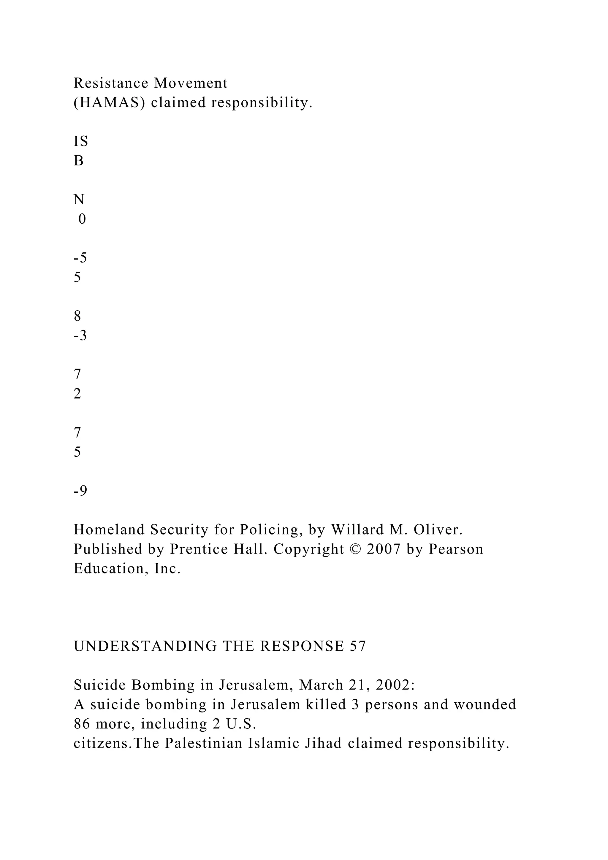 Resistance Movement
(HAMAS) claimed responsibility.
IS
B
N
0
-5
5
8
-3
7
2
7
5
-9
Homeland Security for Policing, by Willard M. Oliver.
Published by Prentice Hall. Copyright © 2007 by Pearson
Education, Inc.
UNDERSTANDING THE RESPONSE 57
Suicide Bombing in Jerusalem, March 21, 2002:
A suicide bombing in Jerusalem killed 3 persons and wounded
86 more, including 2 U.S.
citizens.The Palestinian Islamic Jihad claimed responsibility.
 