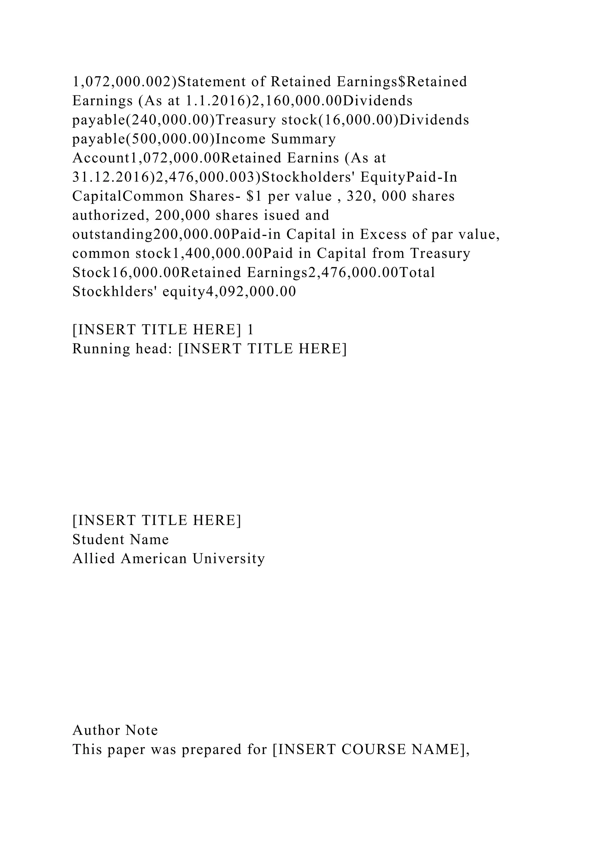 1,072,000.002)Statement of Retained Earnings$Retained
Earnings (As at 1.1.2016)2,160,000.00Dividends
payable(240,000.00)Treasury stock(16,000.00)Dividends
payable(500,000.00)Income Summary
Account1,072,000.00Retained Earnins (As at
31.12.2016)2,476,000.003)Stockholders' EquityPaid-In
CapitalCommon Shares- $1 per value , 320, 000 shares
authorized, 200,000 shares isued and
outstanding200,000.00Paid-in Capital in Excess of par value,
common stock1,400,000.00Paid in Capital from Treasury
Stock16,000.00Retained Earnings2,476,000.00Total
Stockhlders' equity4,092,000.00
[INSERT TITLE HERE] 1
Running head: [INSERT TITLE HERE]
[INSERT TITLE HERE]
Student Name
Allied American University
Author Note
This paper was prepared for [INSERT COURSE NAME],
 