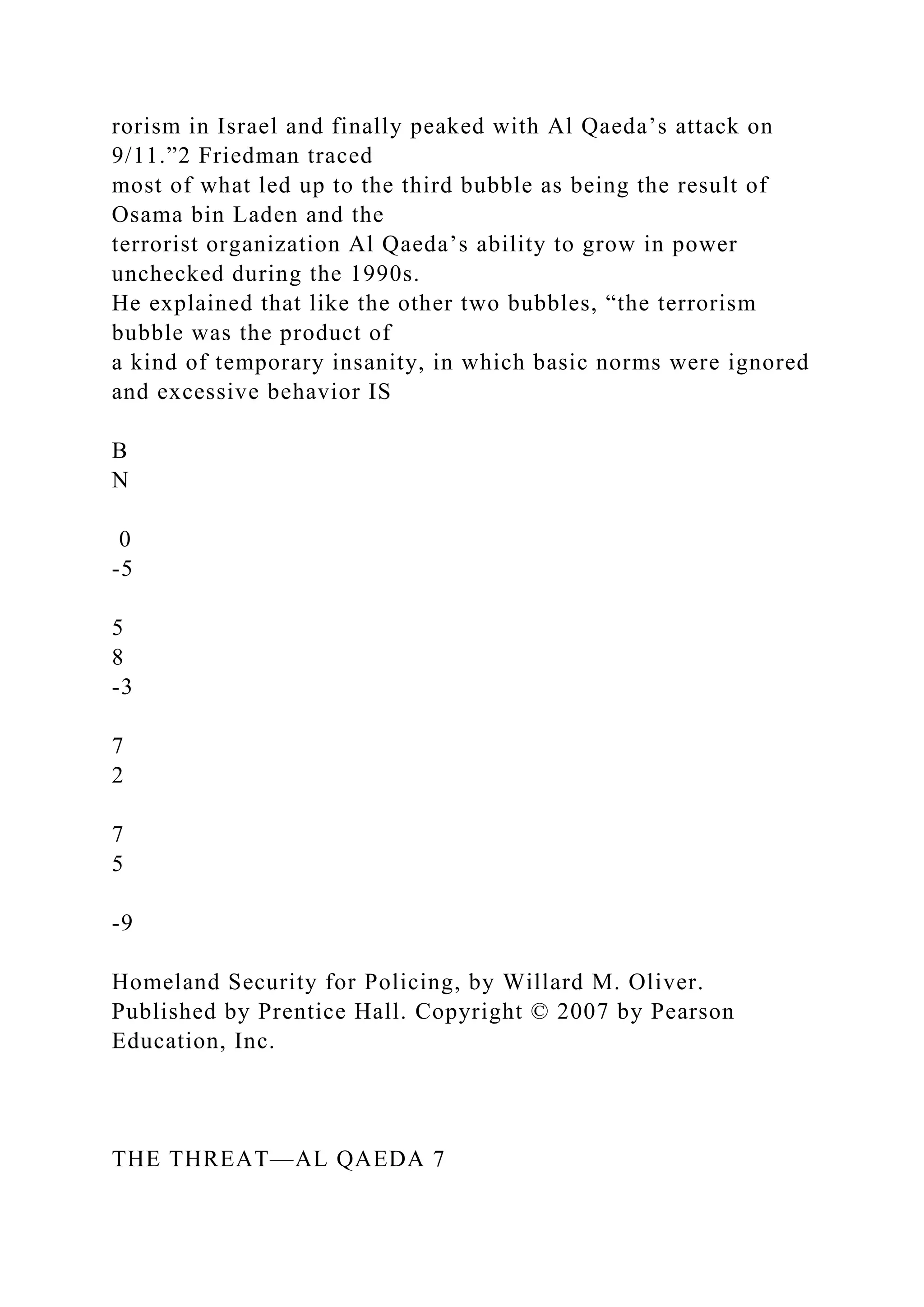 rorism in Israel and finally peaked with Al Qaeda’s attack on
9/11.”2 Friedman traced
most of what led up to the third bubble as being the result of
Osama bin Laden and the
terrorist organization Al Qaeda’s ability to grow in power
unchecked during the 1990s.
He explained that like the other two bubbles, “the terrorism
bubble was the product of
a kind of temporary insanity, in which basic norms were ignored
and excessive behavior IS
B
N
0
-5
5
8
-3
7
2
7
5
-9
Homeland Security for Policing, by Willard M. Oliver.
Published by Prentice Hall. Copyright © 2007 by Pearson
Education, Inc.
THE THREAT—AL QAEDA 7
 