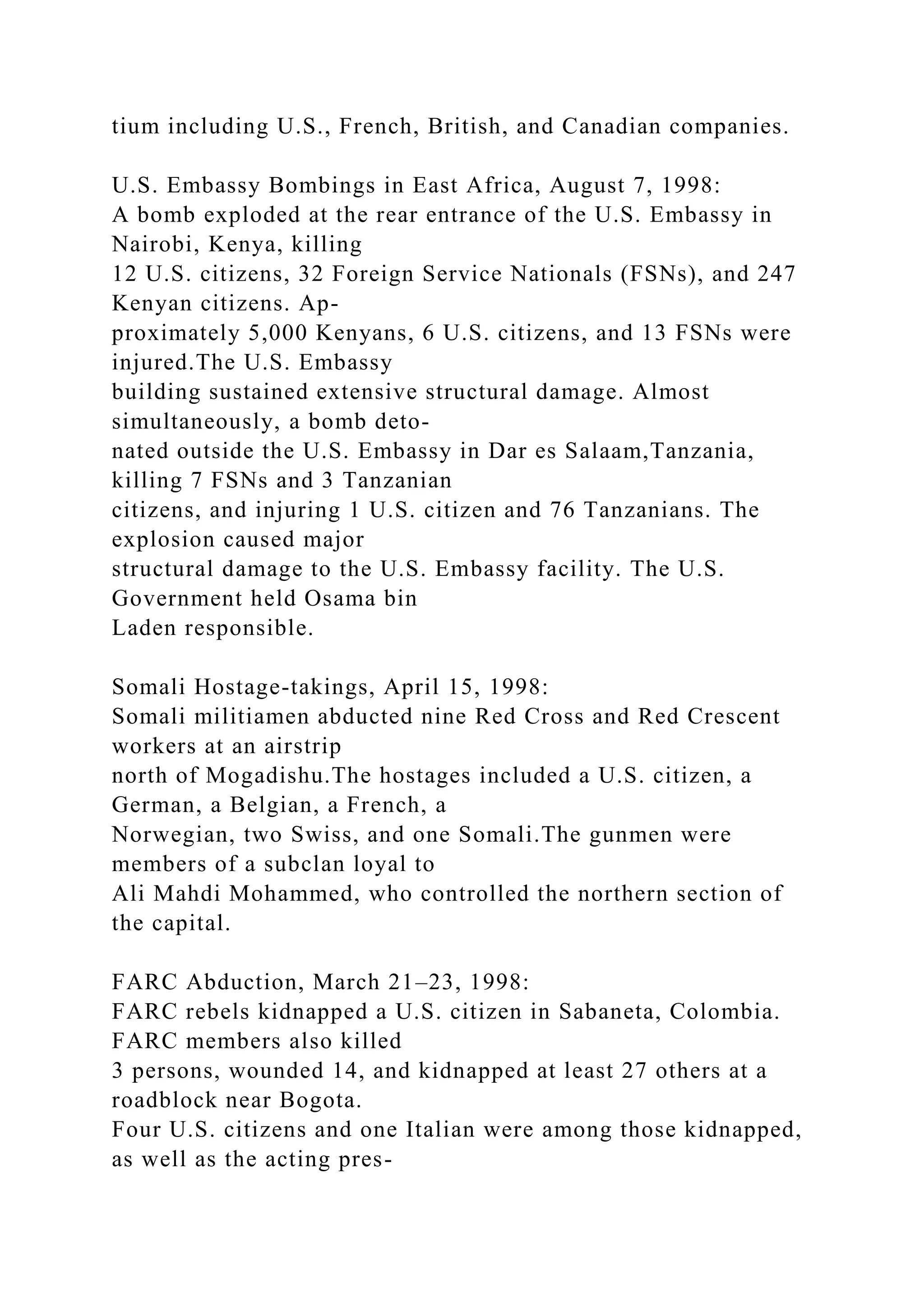 tium including U.S., French, British, and Canadian companies.
U.S. Embassy Bombings in East Africa, August 7, 1998:
A bomb exploded at the rear entrance of the U.S. Embassy in
Nairobi, Kenya, killing
12 U.S. citizens, 32 Foreign Service Nationals (FSNs), and 247
Kenyan citizens. Ap-
proximately 5,000 Kenyans, 6 U.S. citizens, and 13 FSNs were
injured.The U.S. Embassy
building sustained extensive structural damage. Almost
simultaneously, a bomb deto-
nated outside the U.S. Embassy in Dar es Salaam,Tanzania,
killing 7 FSNs and 3 Tanzanian
citizens, and injuring 1 U.S. citizen and 76 Tanzanians. The
explosion caused major
structural damage to the U.S. Embassy facility. The U.S.
Government held Osama bin
Laden responsible.
Somali Hostage-takings, April 15, 1998:
Somali militiamen abducted nine Red Cross and Red Crescent
workers at an airstrip
north of Mogadishu.The hostages included a U.S. citizen, a
German, a Belgian, a French, a
Norwegian, two Swiss, and one Somali.The gunmen were
members of a subclan loyal to
Ali Mahdi Mohammed, who controlled the northern section of
the capital.
FARC Abduction, March 21–23, 1998:
FARC rebels kidnapped a U.S. citizen in Sabaneta, Colombia.
FARC members also killed
3 persons, wounded 14, and kidnapped at least 27 others at a
roadblock near Bogota.
Four U.S. citizens and one Italian were among those kidnapped,
as well as the acting pres-
 