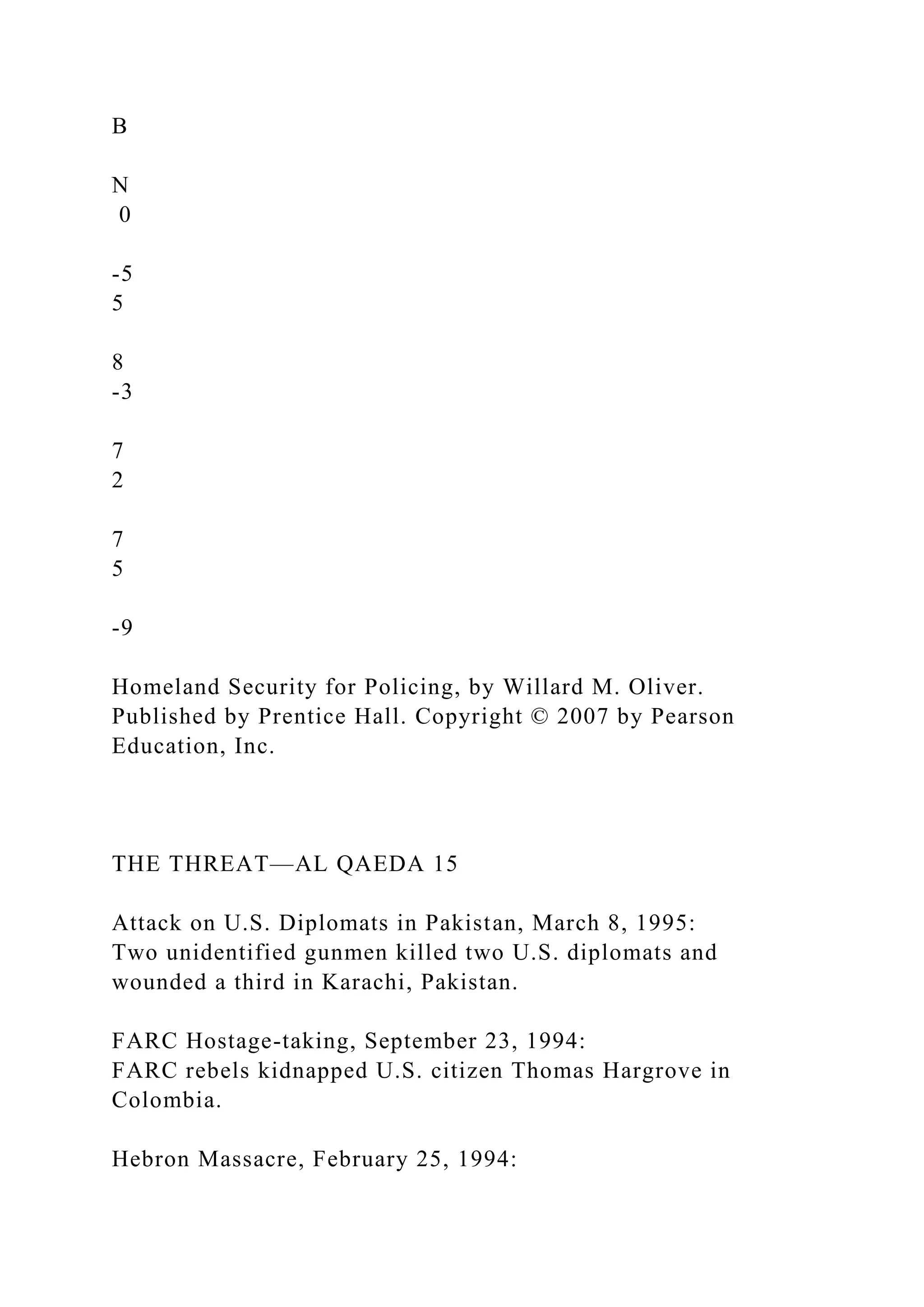 B
N
0
-5
5
8
-3
7
2
7
5
-9
Homeland Security for Policing, by Willard M. Oliver.
Published by Prentice Hall. Copyright © 2007 by Pearson
Education, Inc.
THE THREAT—AL QAEDA 15
Attack on U.S. Diplomats in Pakistan, March 8, 1995:
Two unidentified gunmen killed two U.S. diplomats and
wounded a third in Karachi, Pakistan.
FARC Hostage-taking, September 23, 1994:
FARC rebels kidnapped U.S. citizen Thomas Hargrove in
Colombia.
Hebron Massacre, February 25, 1994:
 