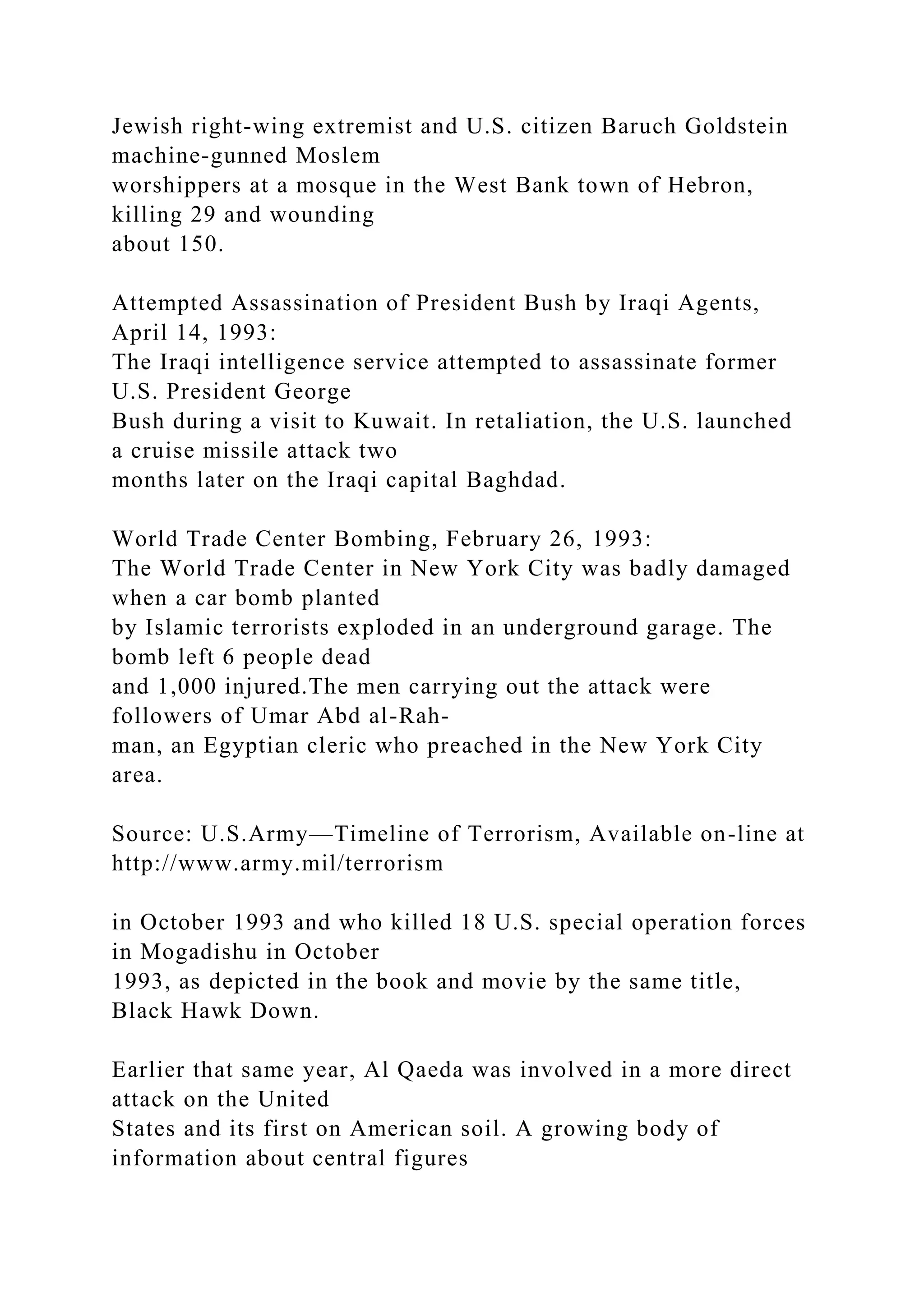 Jewish right-wing extremist and U.S. citizen Baruch Goldstein
machine-gunned Moslem
worshippers at a mosque in the West Bank town of Hebron,
killing 29 and wounding
about 150.
Attempted Assassination of President Bush by Iraqi Agents,
April 14, 1993:
The Iraqi intelligence service attempted to assassinate former
U.S. President George
Bush during a visit to Kuwait. In retaliation, the U.S. launched
a cruise missile attack two
months later on the Iraqi capital Baghdad.
World Trade Center Bombing, February 26, 1993:
The World Trade Center in New York City was badly damaged
when a car bomb planted
by Islamic terrorists exploded in an underground garage. The
bomb left 6 people dead
and 1,000 injured.The men carrying out the attack were
followers of Umar Abd al-Rah-
man, an Egyptian cleric who preached in the New York City
area.
Source: U.S.Army—Timeline of Terrorism, Available on-line at
http://www.army.mil/terrorism
in October 1993 and who killed 18 U.S. special operation forces
in Mogadishu in October
1993, as depicted in the book and movie by the same title,
Black Hawk Down.
Earlier that same year, Al Qaeda was involved in a more direct
attack on the United
States and its first on American soil. A growing body of
information about central figures
 