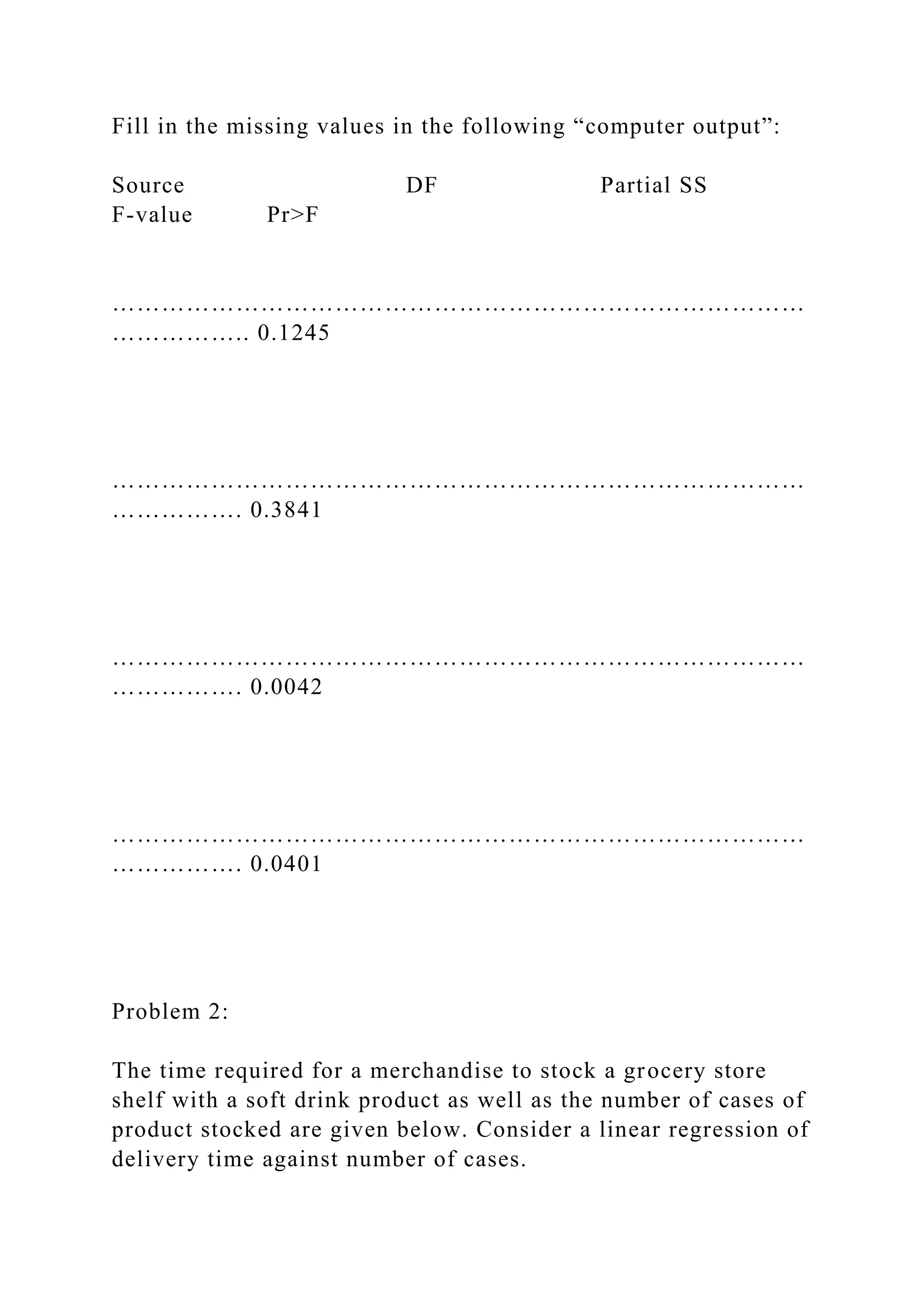 Fill in the missing values in the following “computer output”:
Source DF Partial SS
F-value Pr>F
…………………………………………………………………………
…………….. 0.1245
…………………………………………………………………………
……………. 0.3841
…………………………………………………………………………
……………. 0.0042
…………………………………………………………………………
……………. 0.0401
Problem 2:
The time required for a merchandise to stock a grocery store
shelf with a soft drink product as well as the number of cases of
product stocked are given below. Consider a linear regression of
delivery time against number of cases.
 