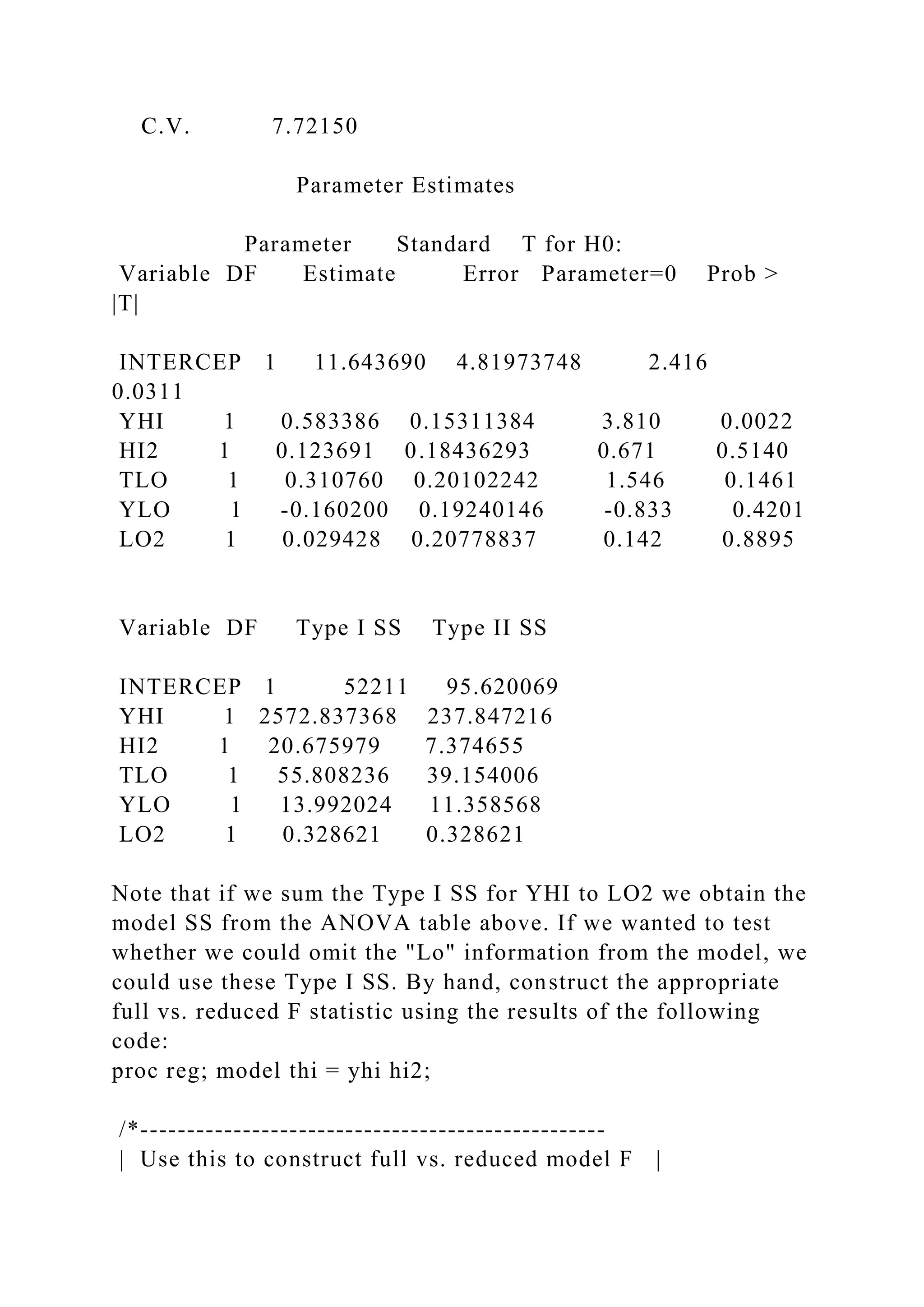 C.V. 7.72150
Parameter Estimates
Parameter Standard T for H0:
Variable DF Estimate Error Parameter=0 Prob >
|T|
INTERCEP 1 11.643690 4.81973748 2.416
0.0311
YHI 1 0.583386 0.15311384 3.810 0.0022
HI2 1 0.123691 0.18436293 0.671 0.5140
TLO 1 0.310760 0.20102242 1.546 0.1461
YLO 1 -0.160200 0.19240146 -0.833 0.4201
LO2 1 0.029428 0.20778837 0.142 0.8895
Variable DF Type I SS Type II SS
INTERCEP 1 52211 95.620069
YHI 1 2572.837368 237.847216
HI2 1 20.675979 7.374655
TLO 1 55.808236 39.154006
YLO 1 13.992024 11.358568
LO2 1 0.328621 0.328621
Note that if we sum the Type I SS for YHI to LO2 we obtain the
model SS from the ANOVA table above. If we wanted to test
whether we could omit the "Lo" information from the model, we
could use these Type I SS. By hand, construct the appropriate
full vs. reduced F statistic using the results of the following
code:
proc reg; model thi = yhi hi2;
/*--------------------------------------------------
| Use this to construct full vs. reduced model F |
 