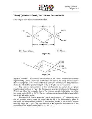 Theory Question 1
Page 1 of 6
Theory Question 1: Gravity in a Neutron Interferometer
Enter all your answers into the Answer Script.
Figure 1a
Figure 1b
Physical situation We consider the situation of the famous neutron-interferometer
experiment by Collela, Overhauser and Werner, but idealize the set-up inasmuch as we
shall assume perfect beam splitters and mirrors within the interferometer. The experiment
studies the effect of the gravitational pull on the de Broglie waves of neutrons.
The symbolic representation of this interferometer in analogy to an optical
interferometer is shown in Figure 1a. The neutrons enter the interferometer through the
IN port and follow the two paths shown. The neutrons are detected at either one of the
two output ports, OUT1 or OUT2. The two paths enclose a diamond-shaped area, which
is typically a few cm2
in size.
The neutron de Broglie waves (of typical wavelength of 10−10
m) interfere such
that all neutrons emerge from the output port OUT1 if the interferometer plane is
horizontal. But when the interferometer is tilted around the axis of the incoming neutron
beam by angle φ (Figure 1b), one observes a φ dependent redistribution of the
neutrons between the two output ports OUT1 and OUT2.
a a
a a
2θ 2θBS BS
M
M
BS - Beam Splitters M - Mirror
IN OUT2
OUT1
φ OUT1
IN
OUT2
 