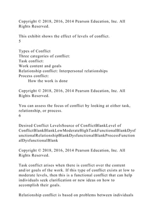 Copyright © 2018, 2016, 2014 Pearson Education, Inc. All
Rights Reserved.
This exhibit shows the effect of levels of conflict.
5
Types of Conflict
Three categories of conflict:
Task conflict:
Work content and goals
Relationship conflict: Interpersonal relationships
Process conflict:
How the work is done
Copyright © 2018, 2016, 2014 Pearson Education, Inc. All
Rights Reserved.
You can assess the focus of conflict by looking at either task,
relationship, or process.
6
Desired Conflict LevelsSource of ConflictBlankLevel of
ConflictBlankBlankLowModerateHighTaskFunctionalBlankDysf
unctionalRelationshipBlankDysfunctionalBlankProcessFunction
alDysfunctionalBlank
Copyright © 2018, 2016, 2014 Pearson Education, Inc. All
Rights Reserved.
Task conflict arises when there is conflict over the content
and/or goals of the work. If this type of conflict exists at low to
moderate levels, then this is a functional conflict that can help
individuals seek clarification or new ideas on how to
accomplish their goals.
Relationship conflict is based on problems between individuals
 