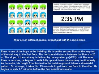 They are all different people, except just with the same faces. Emar is one of the boys in the building. He is on the second floor at the very top of the stairway to the first floor. The horizontal distance between the floors is 20 m. The slope of the stairway is defined by the equation y=(-8/31)x + 8. Because Emar is nervous, he begins to walk fully up and down the stairway continuously. As he walks, his height from his feet to the outside ground follow a sinosoidal pattern. On average, it takes him 75 seconds to get from one floor to the other. He begins to walk 2.5 minutes before the first selection is made.  