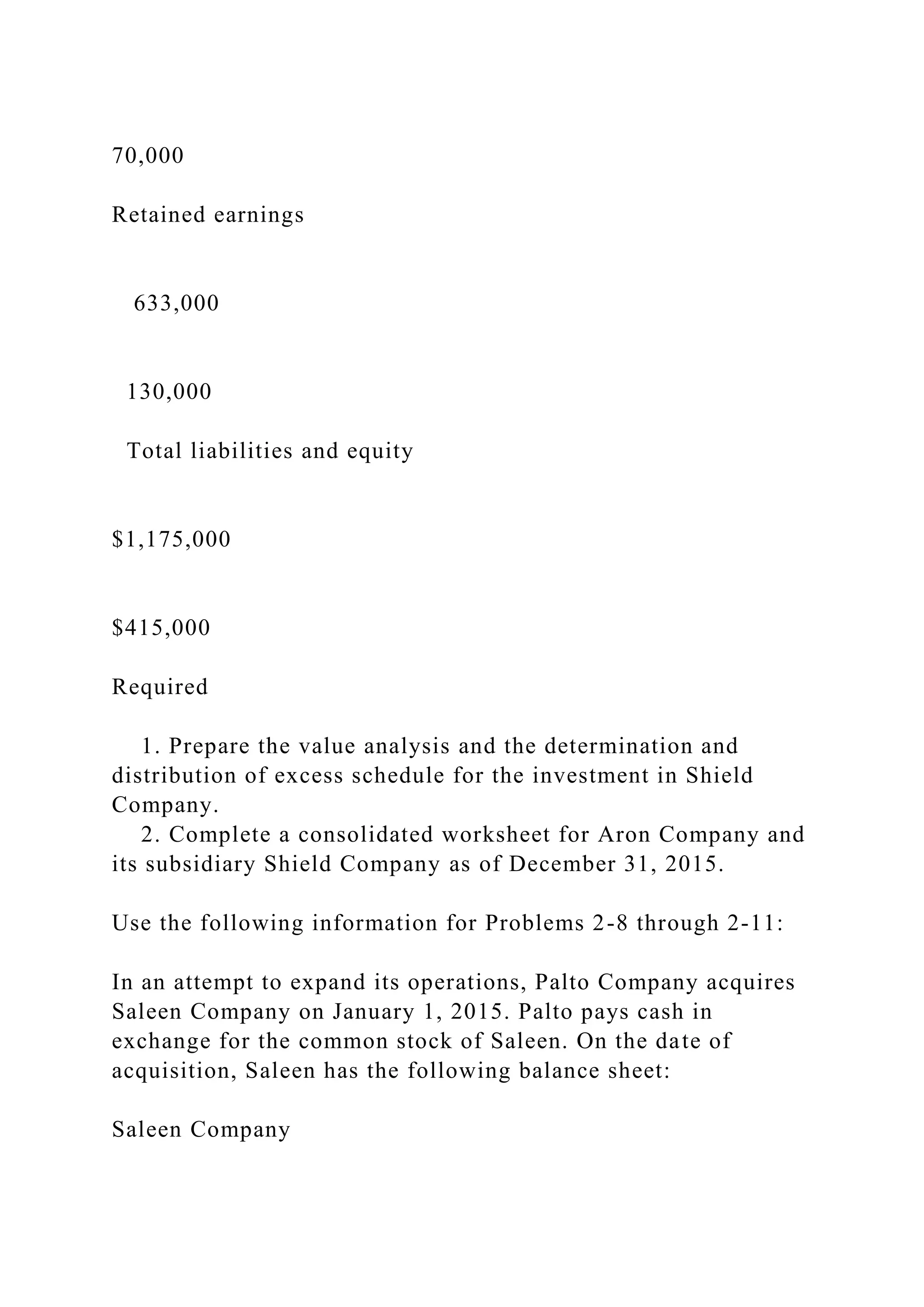 70,000
Retained earnings
633,000
130,000
Total liabilities and equity
$1,175,000
$415,000
Required
1. Prepare the value analysis and the determination and
distribution of excess schedule for the investment in Shield
Company.
2. Complete a consolidated worksheet for Aron Company and
its subsidiary Shield Company as of December 31, 2015.
Use the following information for Problems 2-8 through 2-11:
In an attempt to expand its operations, Palto Company acquires
Saleen Company on January 1, 2015. Palto pays cash in
exchange for the common stock of Saleen. On the date of
acquisition, Saleen has the following balance sheet:
Saleen Company
 