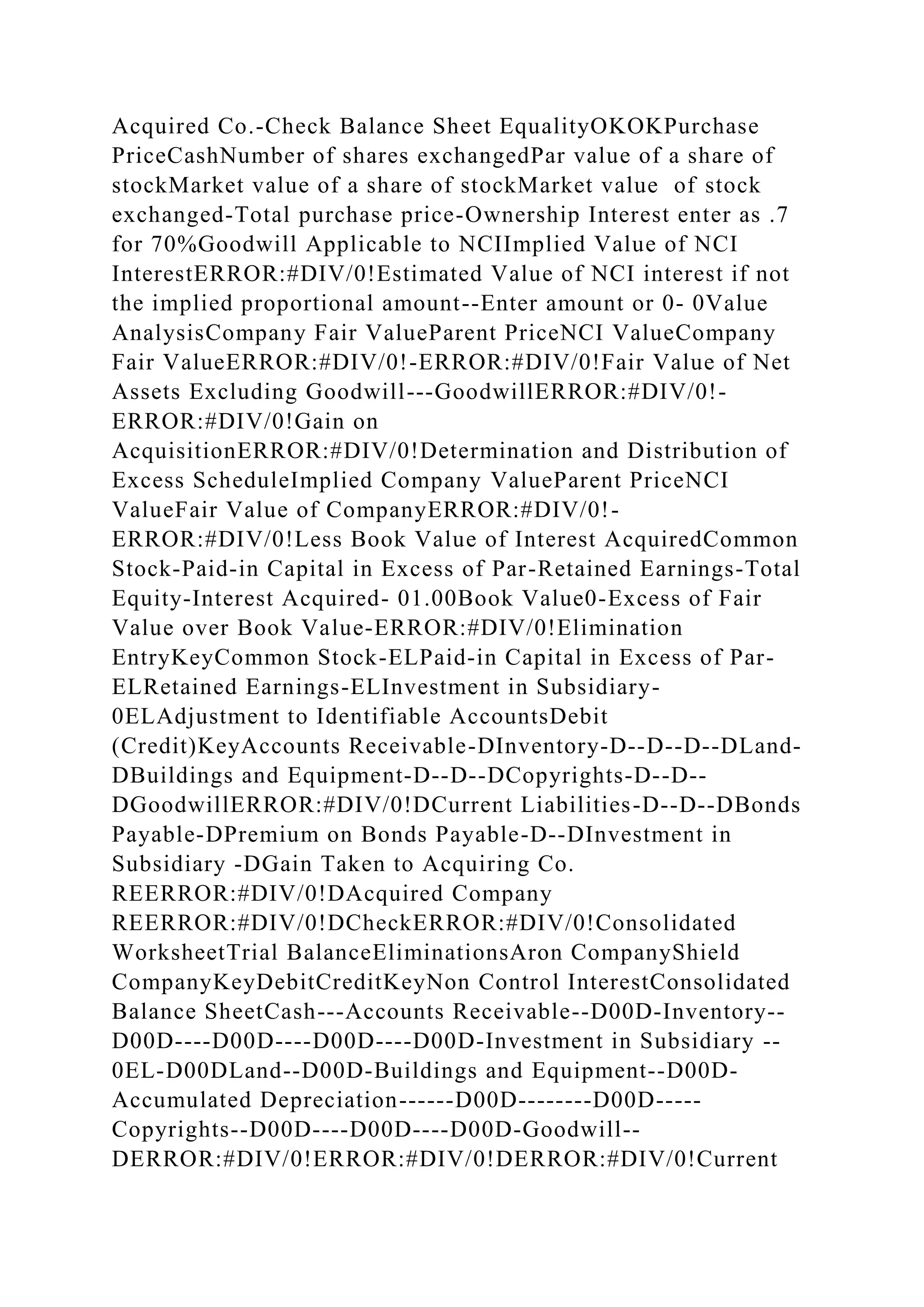 Acquired Co.-Check Balance Sheet EqualityOKOKPurchase
PriceCashNumber of shares exchangedPar value of a share of
stockMarket value of a share of stockMarket value of stock
exchanged-Total purchase price-Ownership Interest enter as .7
for 70%Goodwill Applicable to NCIImplied Value of NCI
InterestERROR:#DIV/0!Estimated Value of NCI interest if not
the implied proportional amount--Enter amount or 0- 0Value
AnalysisCompany Fair ValueParent PriceNCI ValueCompany
Fair ValueERROR:#DIV/0!-ERROR:#DIV/0!Fair Value of Net
Assets Excluding Goodwill---GoodwillERROR:#DIV/0!-
ERROR:#DIV/0!Gain on
AcquisitionERROR:#DIV/0!Determination and Distribution of
Excess ScheduleImplied Company ValueParent PriceNCI
ValueFair Value of CompanyERROR:#DIV/0!-
ERROR:#DIV/0!Less Book Value of Interest AcquiredCommon
Stock-Paid-in Capital in Excess of Par-Retained Earnings-Total
Equity-Interest Acquired- 01.00Book Value0-Excess of Fair
Value over Book Value-ERROR:#DIV/0!Elimination
EntryKeyCommon Stock-ELPaid-in Capital in Excess of Par-
ELRetained Earnings-ELInvestment in Subsidiary-
0ELAdjustment to Identifiable AccountsDebit
(Credit)KeyAccounts Receivable-DInventory-D--D--D--DLand-
DBuildings and Equipment-D--D--DCopyrights-D--D--
DGoodwillERROR:#DIV/0!DCurrent Liabilities-D--D--DBonds
Payable-DPremium on Bonds Payable-D--DInvestment in
Subsidiary -DGain Taken to Acquiring Co.
REERROR:#DIV/0!DAcquired Company
REERROR:#DIV/0!DCheckERROR:#DIV/0!Consolidated
WorksheetTrial BalanceEliminationsAron CompanyShield
CompanyKeyDebitCreditKeyNon Control InterestConsolidated
Balance SheetCash---Accounts Receivable--D00D-Inventory--
D00D----D00D----D00D----D00D-Investment in Subsidiary --
0EL-D00DLand--D00D-Buildings and Equipment--D00D-
Accumulated Depreciation------D00D--------D00D-----
Copyrights--D00D----D00D----D00D-Goodwill--
DERROR:#DIV/0!ERROR:#DIV/0!DERROR:#DIV/0!Current
 